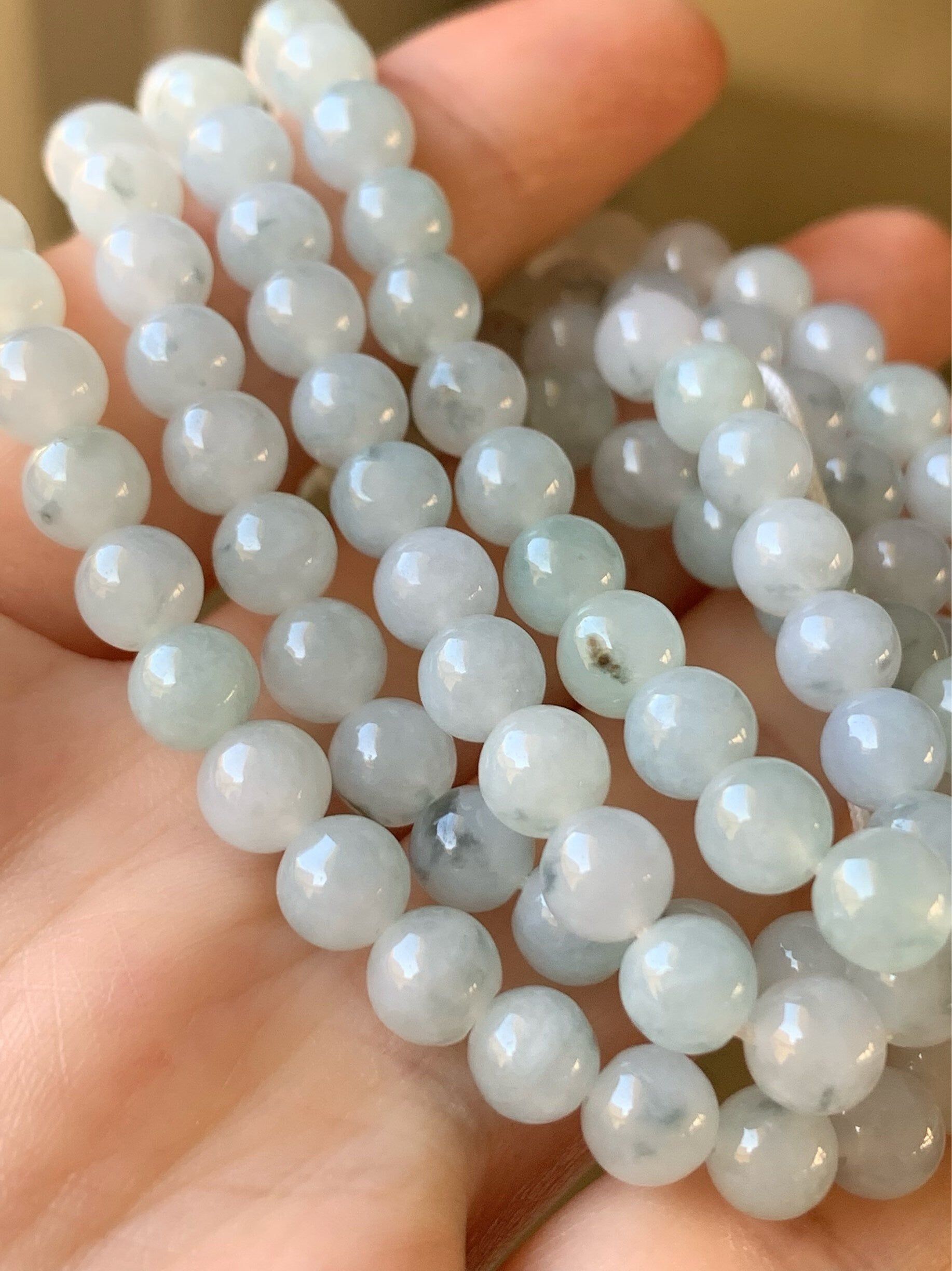 Natural Burmese Icy Translucent & Gelatinous Light Green w/ Green Marbling Jadeite Beaded Necklace 6 mm 26” 天然缅甸翡翠冰胶飘花长串项链 SGM93