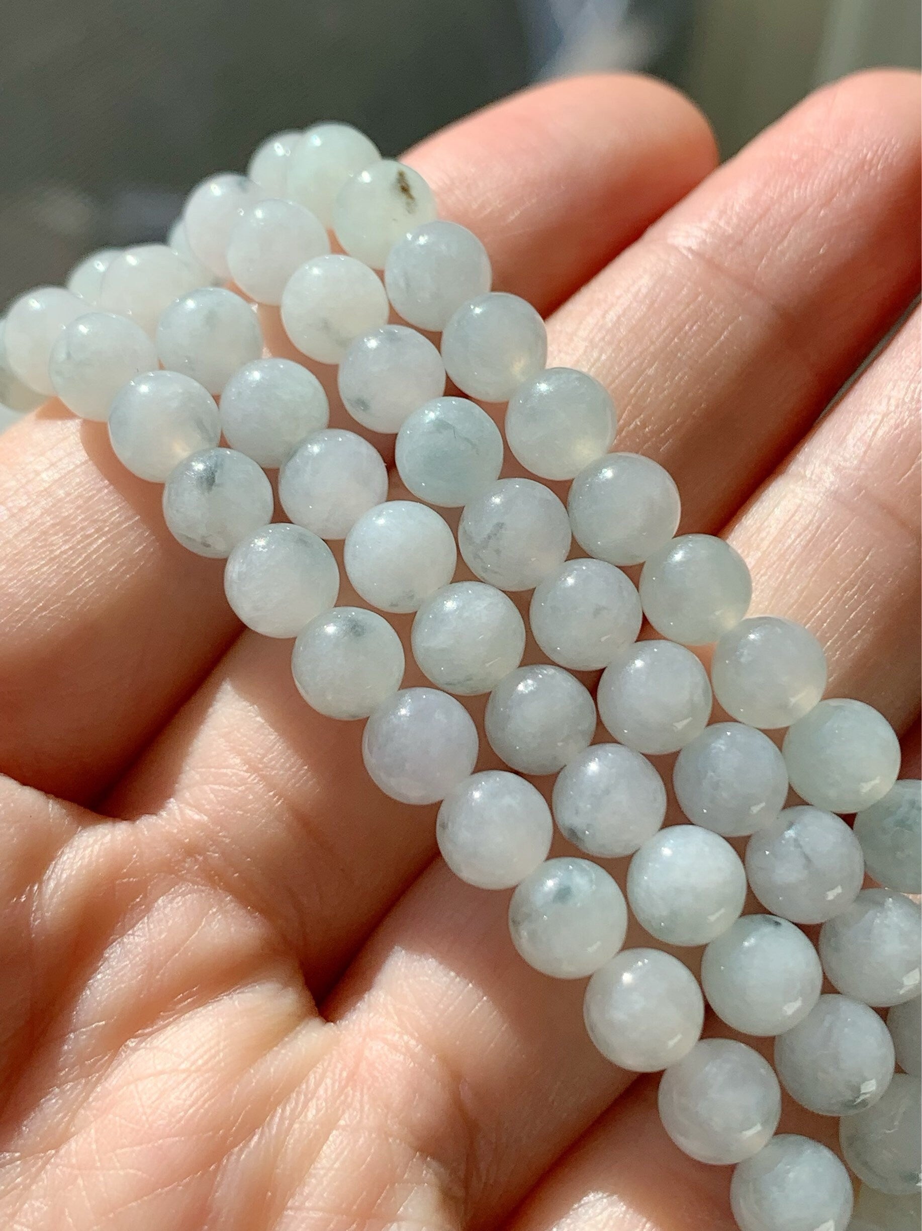 Natural Burmese Icy Translucent & Gelatinous Light Green w/ Green Marbling Jadeite Beaded Necklace 6 mm 26” 天然缅甸翡翠冰胶飘花长串项链 SGM93