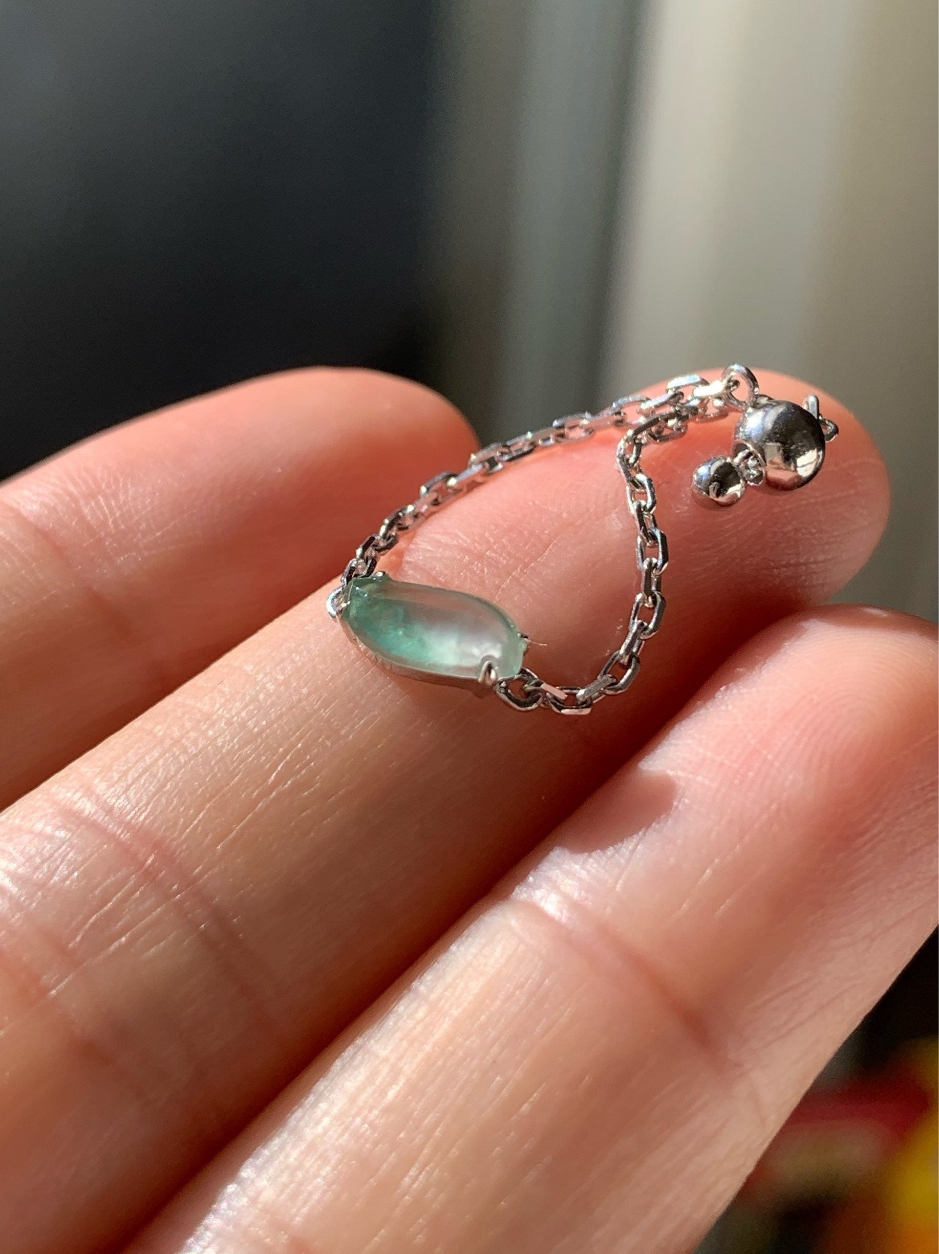 Certified Natural Burmese Highly Translucent Green Marbling Jadeite "Horse Eye" Chain Ring 18K White Gold Adjustable 天然缅甸正高冰翡翠飘绿花马眼镶嵌戒指
