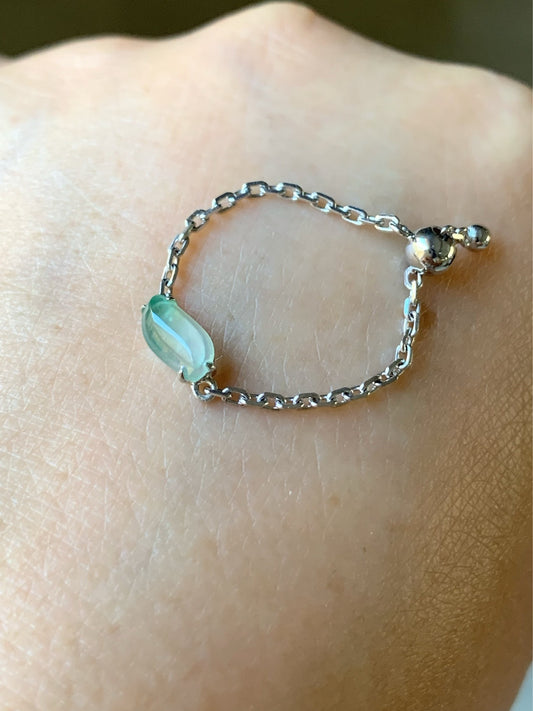 Certified Natural Burmese Highly Translucent Green Marbling Jadeite "Horse Eye" Chain Ring 18K White Gold Adjustable 天然缅甸正高冰翡翠飘绿花马眼镶嵌戒指