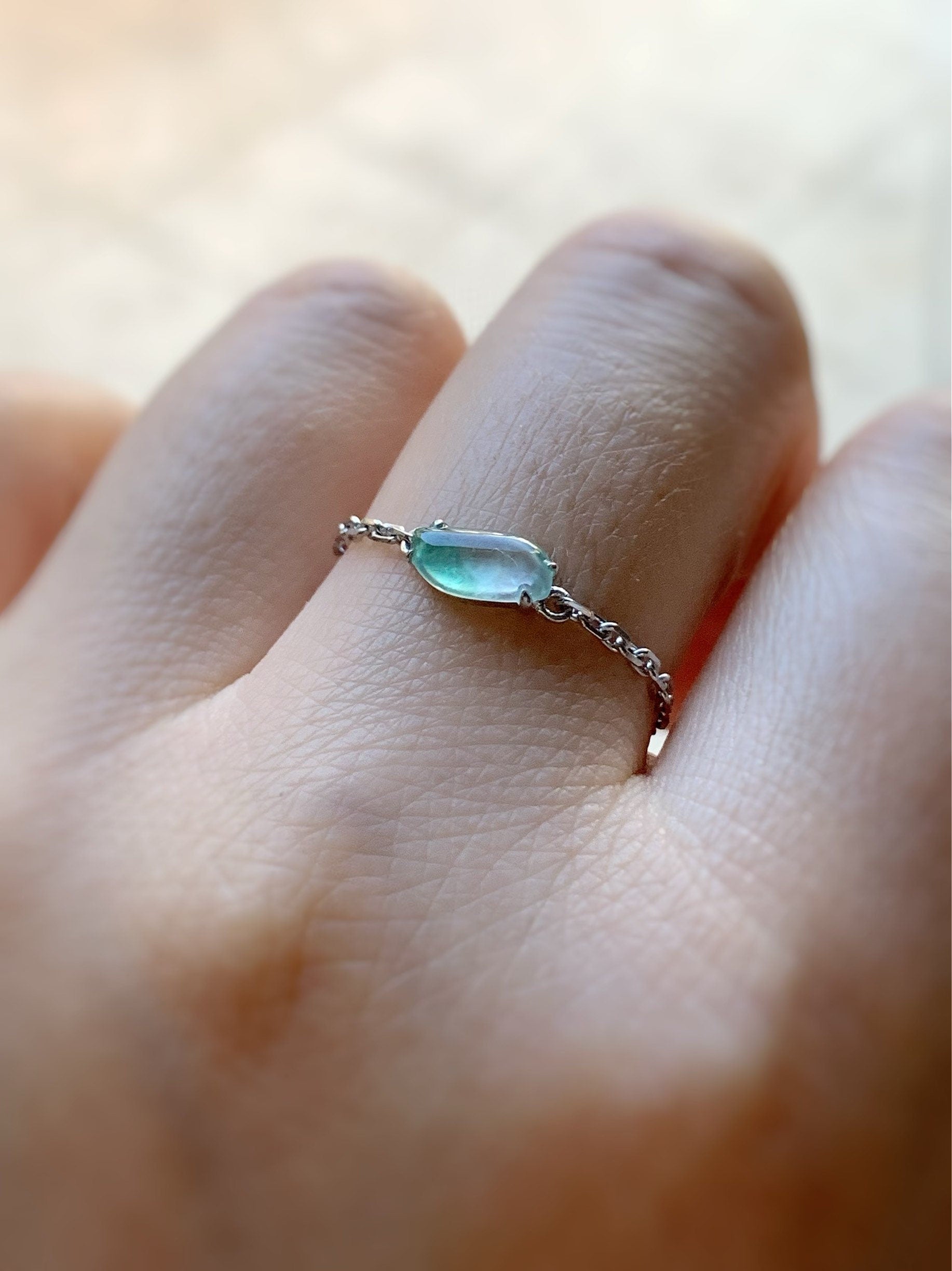 Certified Natural Burmese Highly Translucent Green Marbling Jadeite "Horse Eye" Chain Ring 18K White Gold Adjustable 天然缅甸正高冰翡翠飘绿花马眼镶嵌戒指