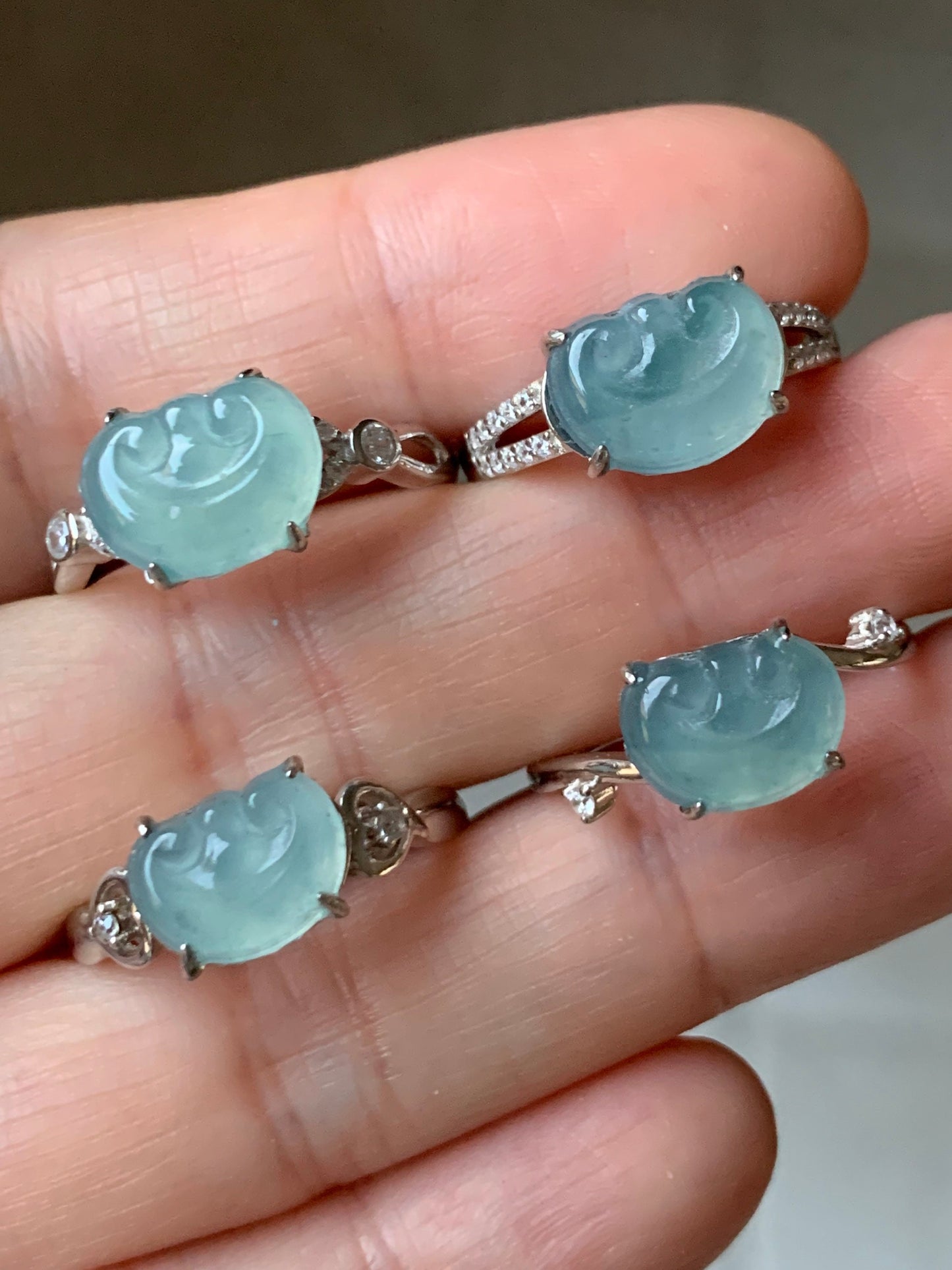 Guatemalan Natural Garde A Highly Translucent Sky Blue Jadeite Ruyi Ring S925 Silver Adjustable Sizes 天然高危蓝翡翠如意银镶戒指 WRY