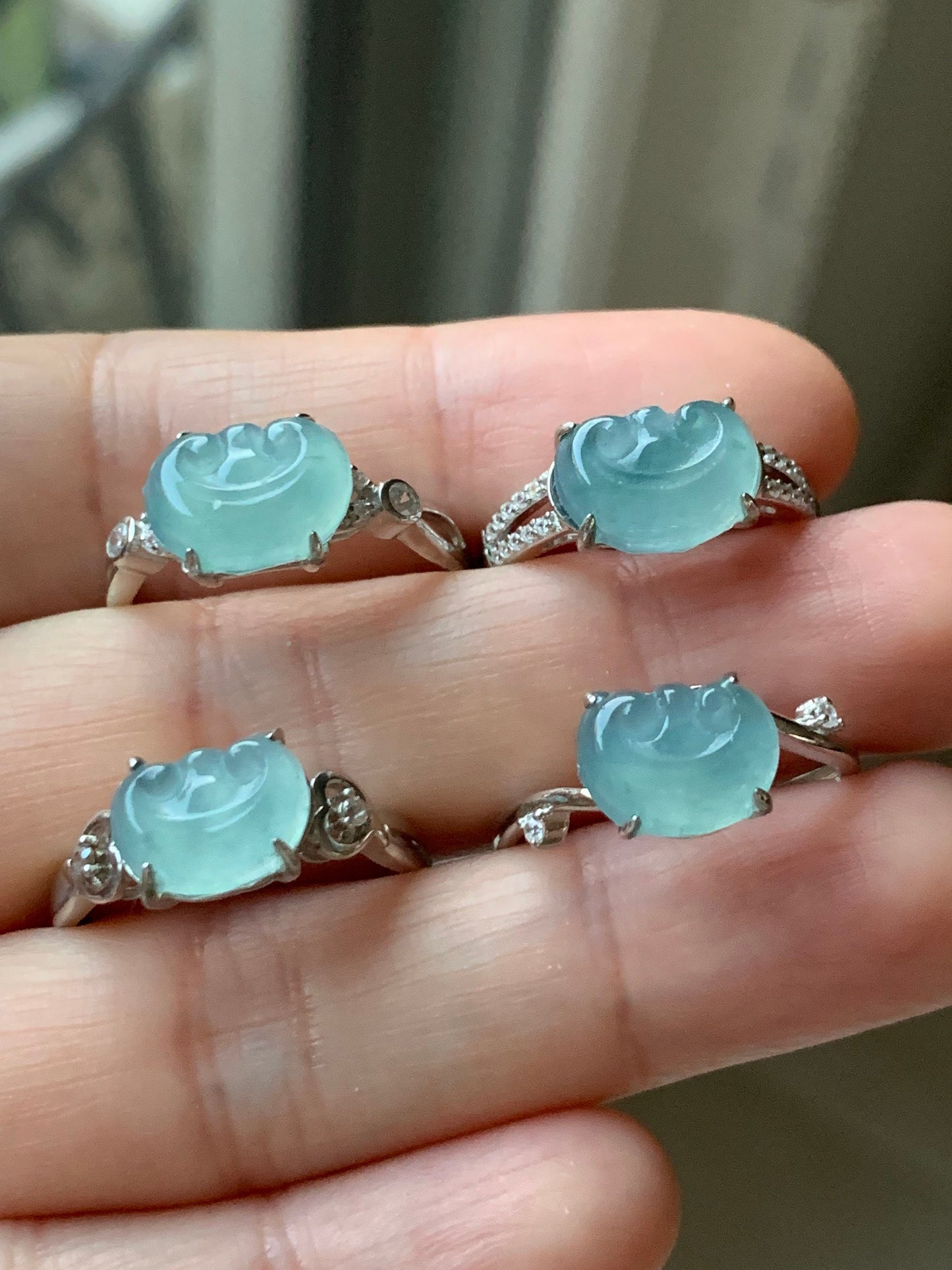 Guatemalan Natural Garde A Highly Translucent Sky Blue Jadeite Ruyi Ring S925 Silver Adjustable Sizes 天然高危蓝翡翠如意银镶戒指 WRY