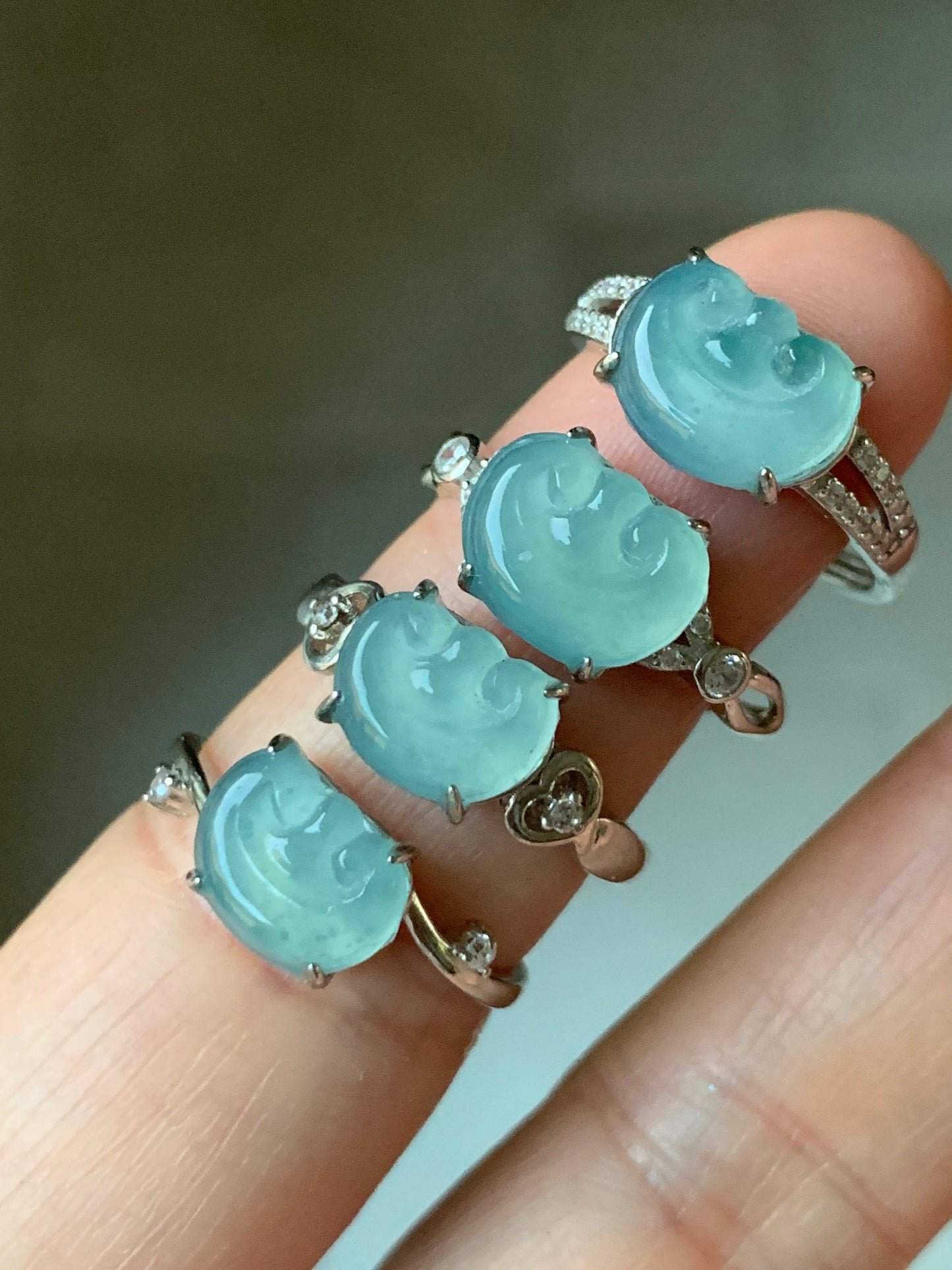 Guatemalan Natural Garde A Highly Translucent Sky Blue Jadeite Ruyi Ring S925 Silver Adjustable Sizes 天然高危蓝翡翠如意银镶戒指 WRY