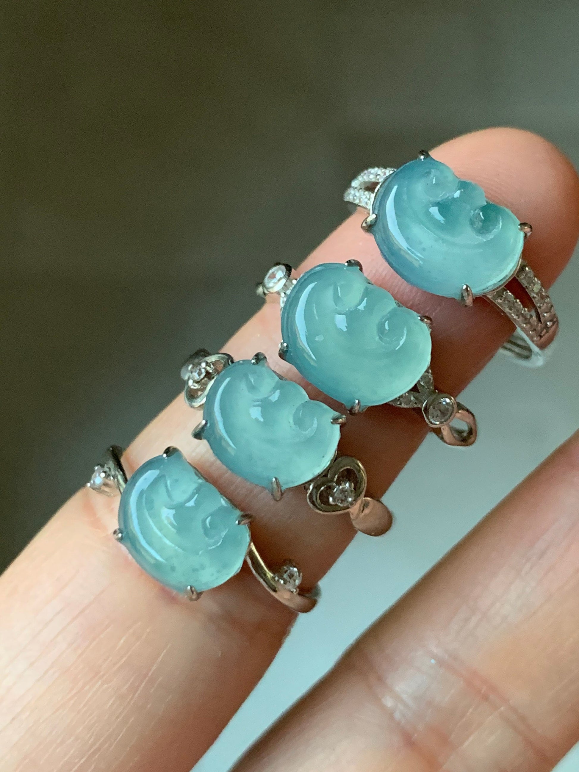 Guatemalan Natural Garde A Highly Translucent Sky Blue Jadeite Ruyi Ring S925 Silver Adjustable Sizes 天然高危蓝翡翠如意银镶戒指 WRY