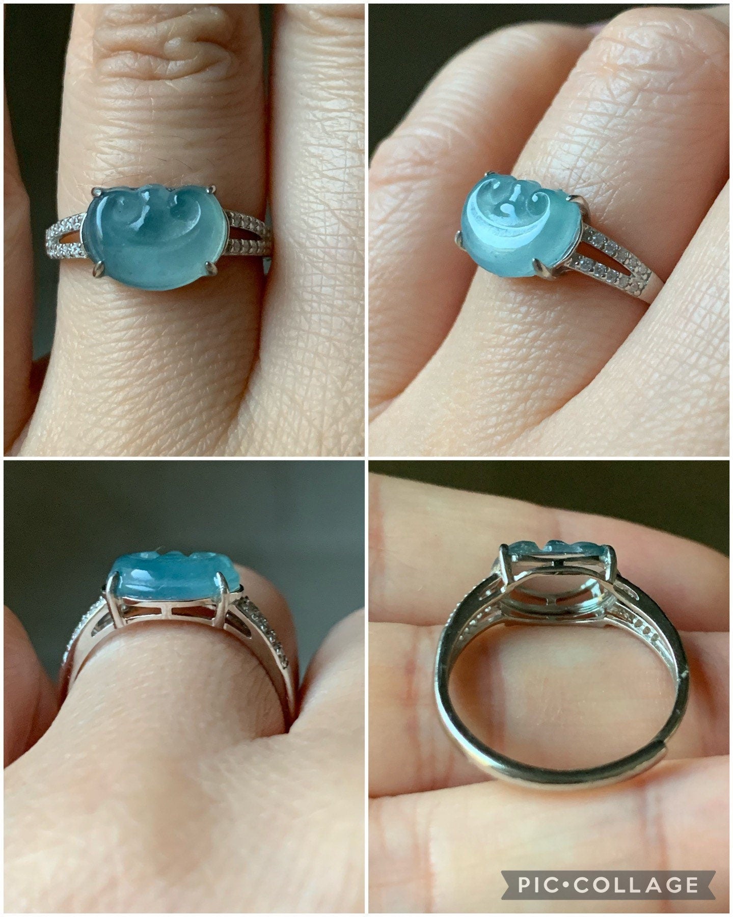 Guatemalan Natural Garde A Highly Translucent Sky Blue Jadeite Ruyi Ring S925 Silver Adjustable Sizes 天然高危蓝翡翠如意银镶戒指 WRY