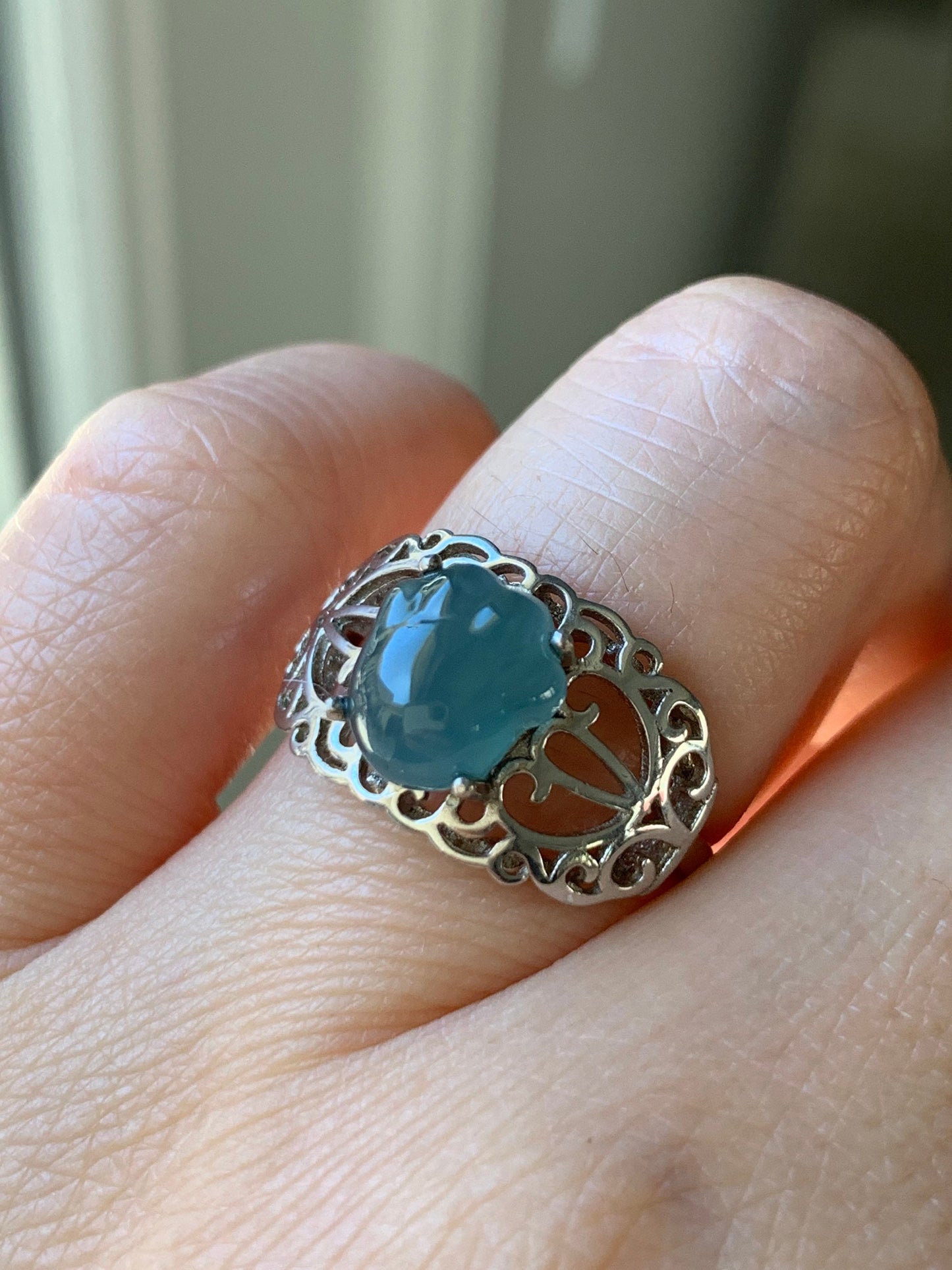 Natural Guatemalan Icy Translucent Blue Jadeite Carved Paw Print Ring S925 Sterling Silver Adjustable Size 天然冰危蓝水翡翠猫爪银镶戒指 MZYJ