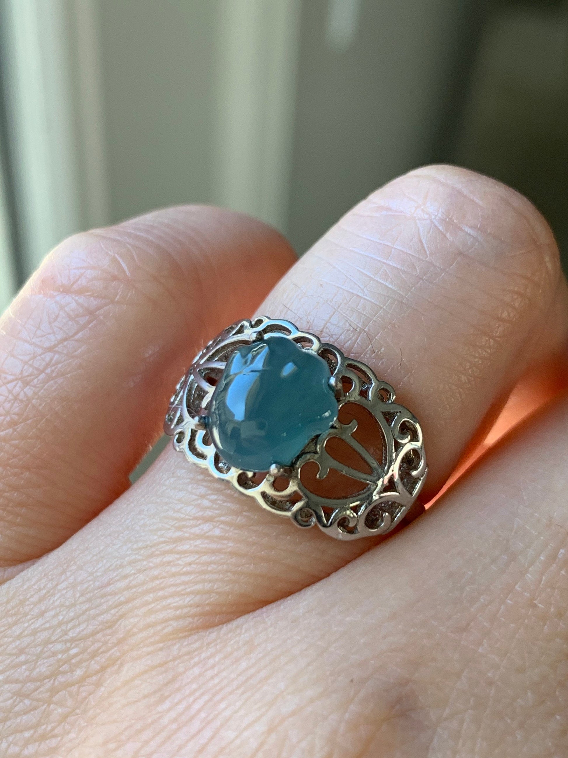 Natural Guatemalan Icy Translucent Blue Jadeite Carved Paw Print Ring S925 Sterling Silver Adjustable Size 天然冰危蓝水翡翠猫爪银镶戒指 MZYJ