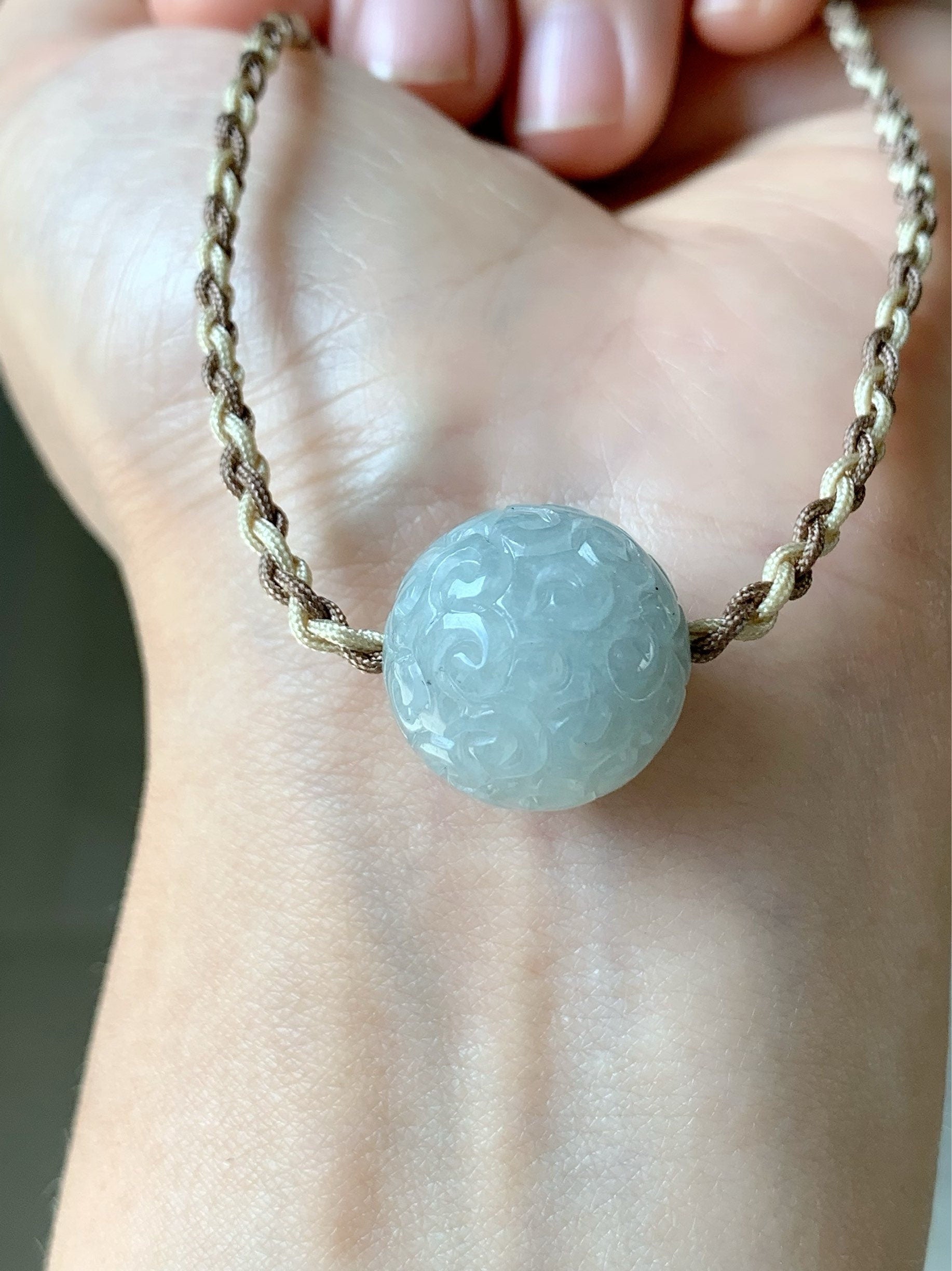 Huge Natural Burmese Icy Translucent Sky Blue Jadeite Retro Engraved Single Sphere Bead Rope Necklace Adjustable 17"-18.25" 天然缅甸天空蓝翡翠仿古雕单珠项链