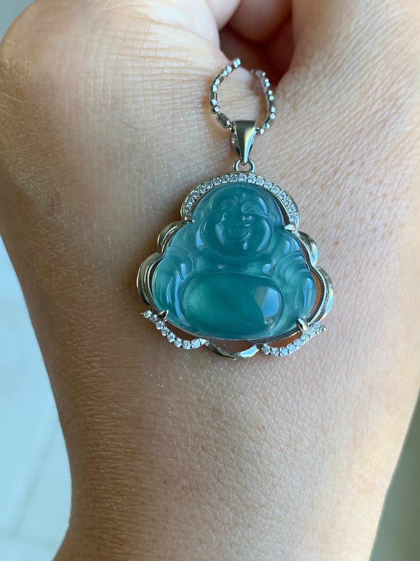 Natural Guatemalan Premium Highly Translucent Icy Blue Or Bi-Colored Jadeite Buddha Pendant S925 Silver 天然冰危正冰翡翠佛公镶嵌吊坠