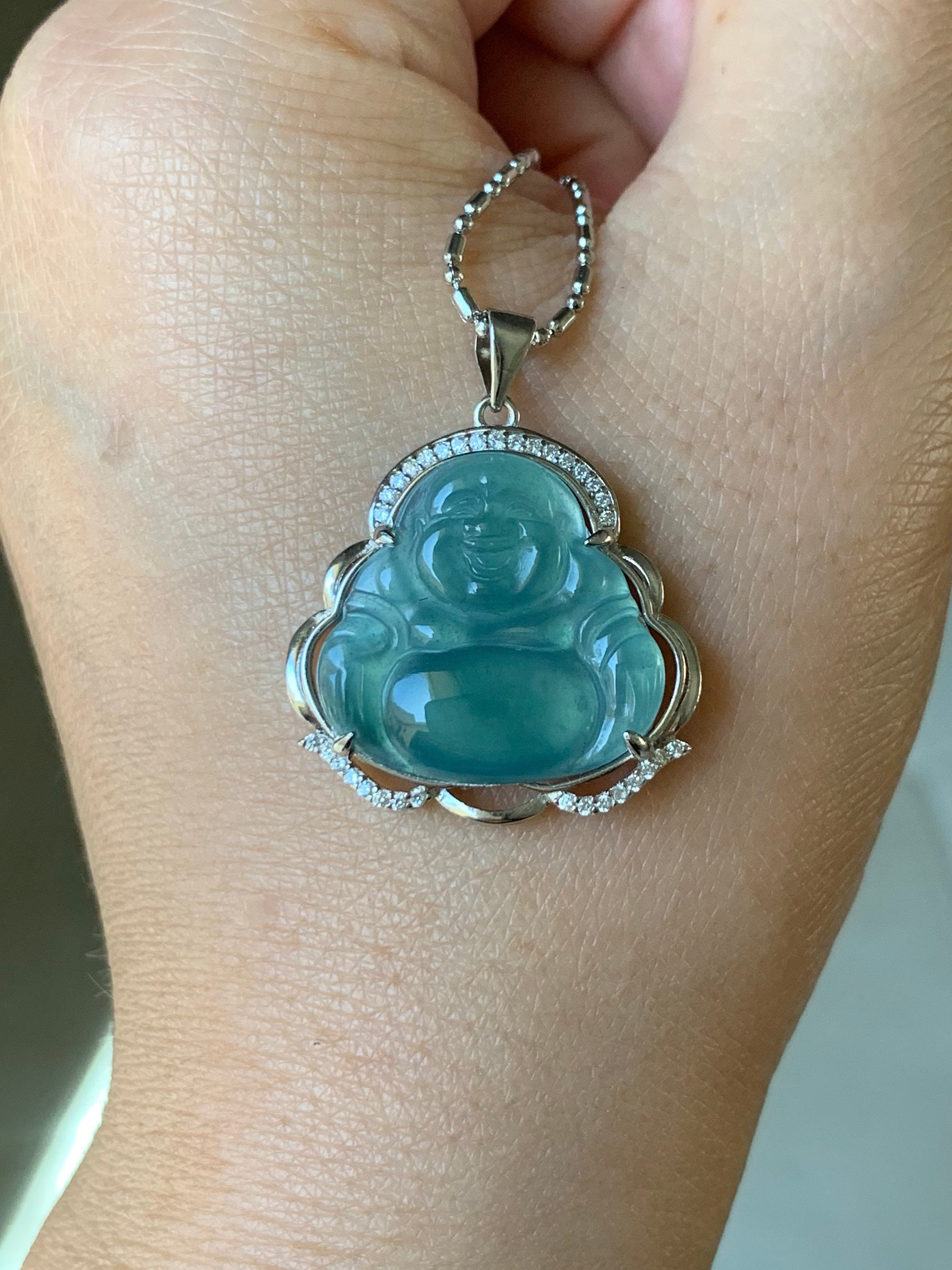 Natural Guatemalan Premium Highly Translucent Icy Blue Or Bi-Colored Jadeite Buddha Pendant S925 Silver 天然冰危正冰翡翠佛公镶嵌吊坠