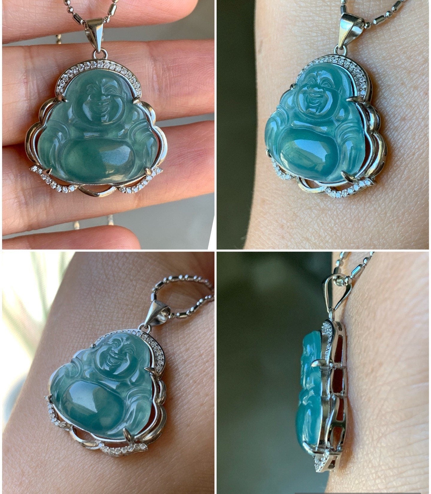 Natural Guatemalan Premium Highly Translucent Icy Blue Or Bi-Colored Jadeite Buddha Pendant S925 Silver 天然冰危正冰翡翠佛公镶嵌吊坠
