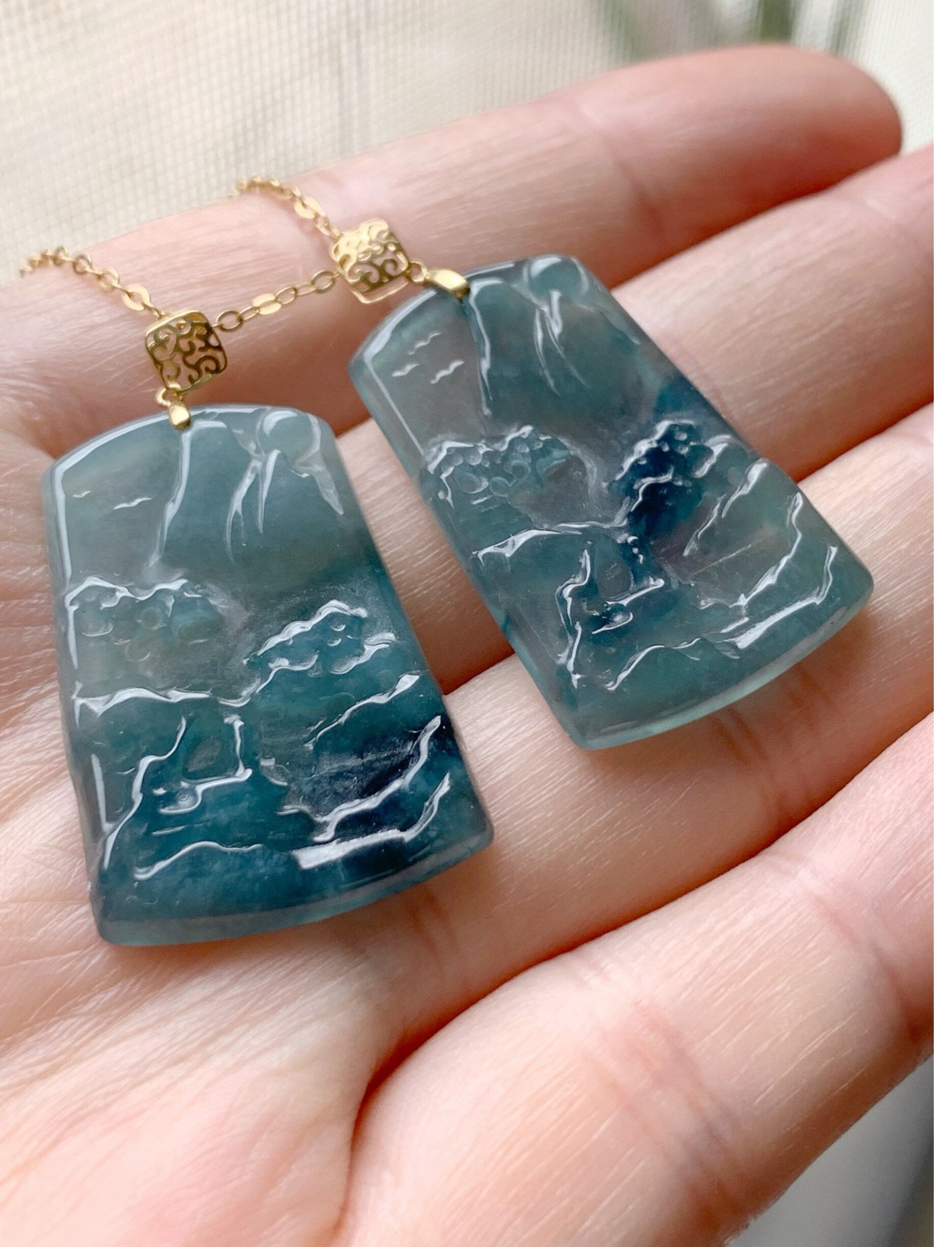 Natural Guatemalan Sky Blue Jadeite with Dark Blue Marbling Shan Shui Pai Landscape Tag Pendant 18K Yellow Gold 天然正高冰危蓝翡翠山水牌吊坠