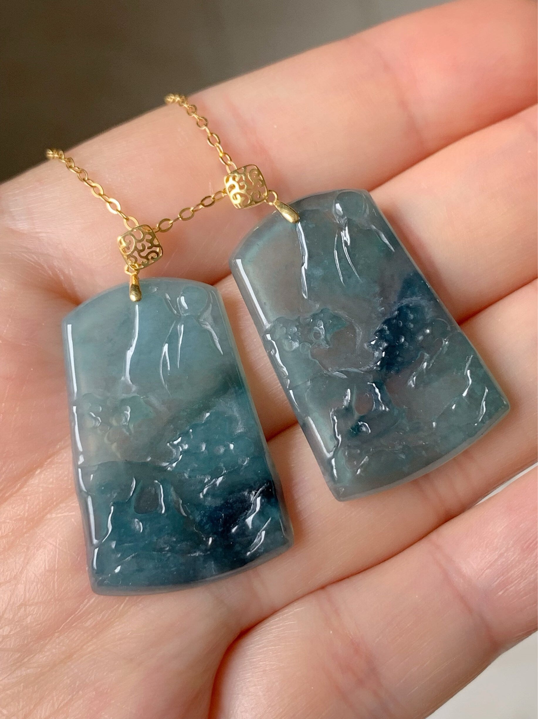 Natural Guatemalan Sky Blue Jadeite with Dark Blue Marbling Shan Shui Pai Landscape Tag Pendant 18K Yellow Gold 天然正高冰危蓝翡翠山水牌吊坠