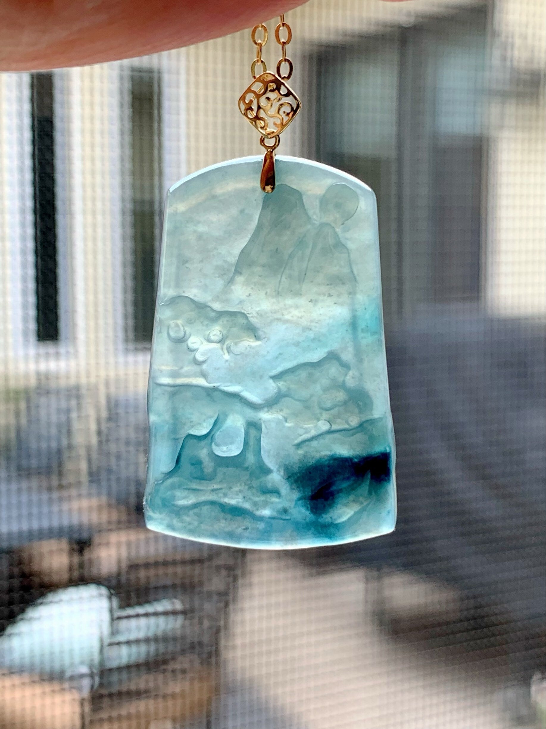 Natural Guatemalan Sky Blue Jadeite with Dark Blue Marbling Shan Shui Pai Landscape Tag Pendant 18K Yellow Gold 天然正高冰危蓝翡翠山水牌吊坠