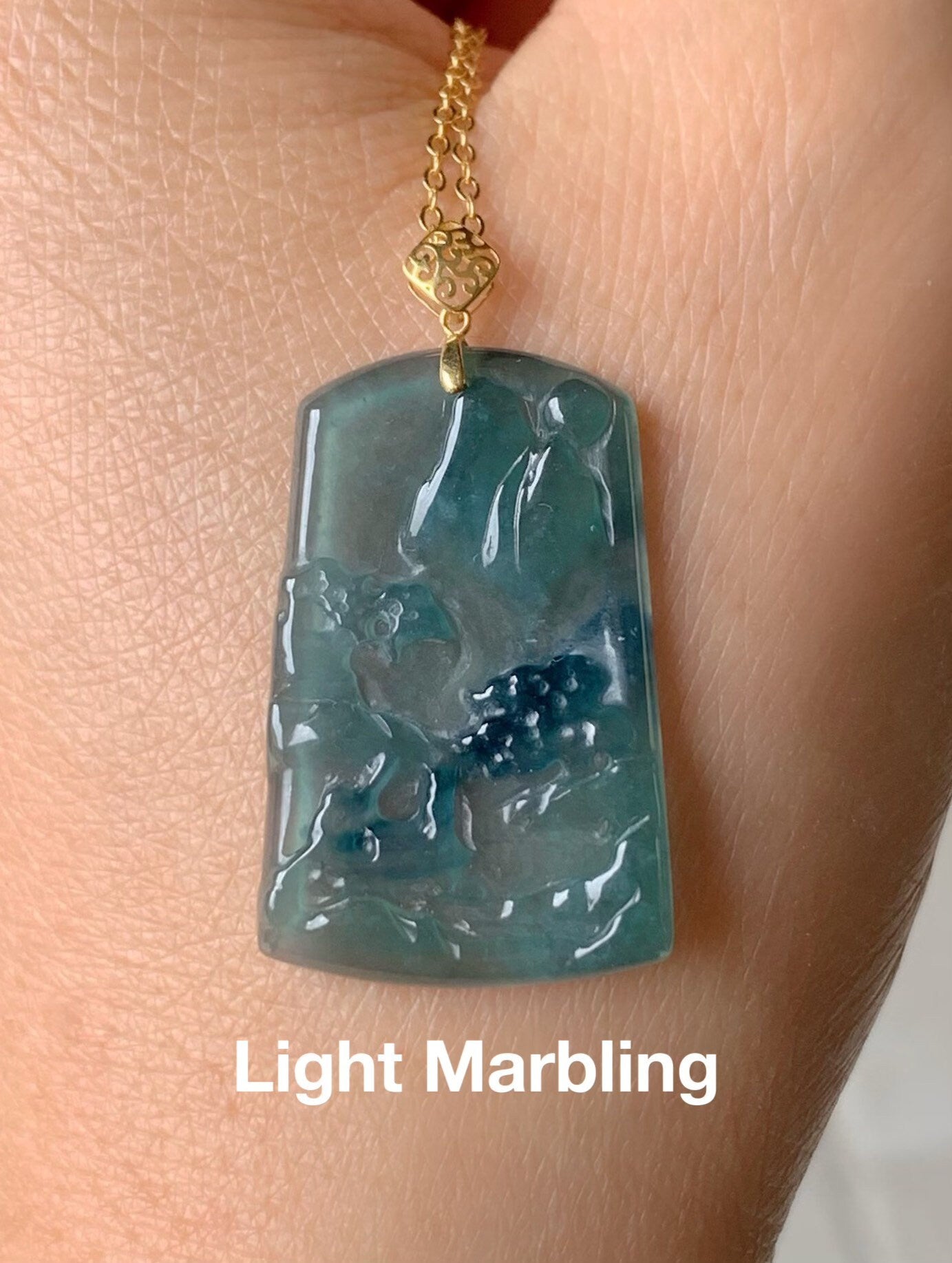 Natural Guatemalan Sky Blue Jadeite with Dark Blue Marbling Shan Shui Pai Landscape Tag Pendant 18K Yellow Gold 天然正高冰危蓝翡翠山水牌吊坠