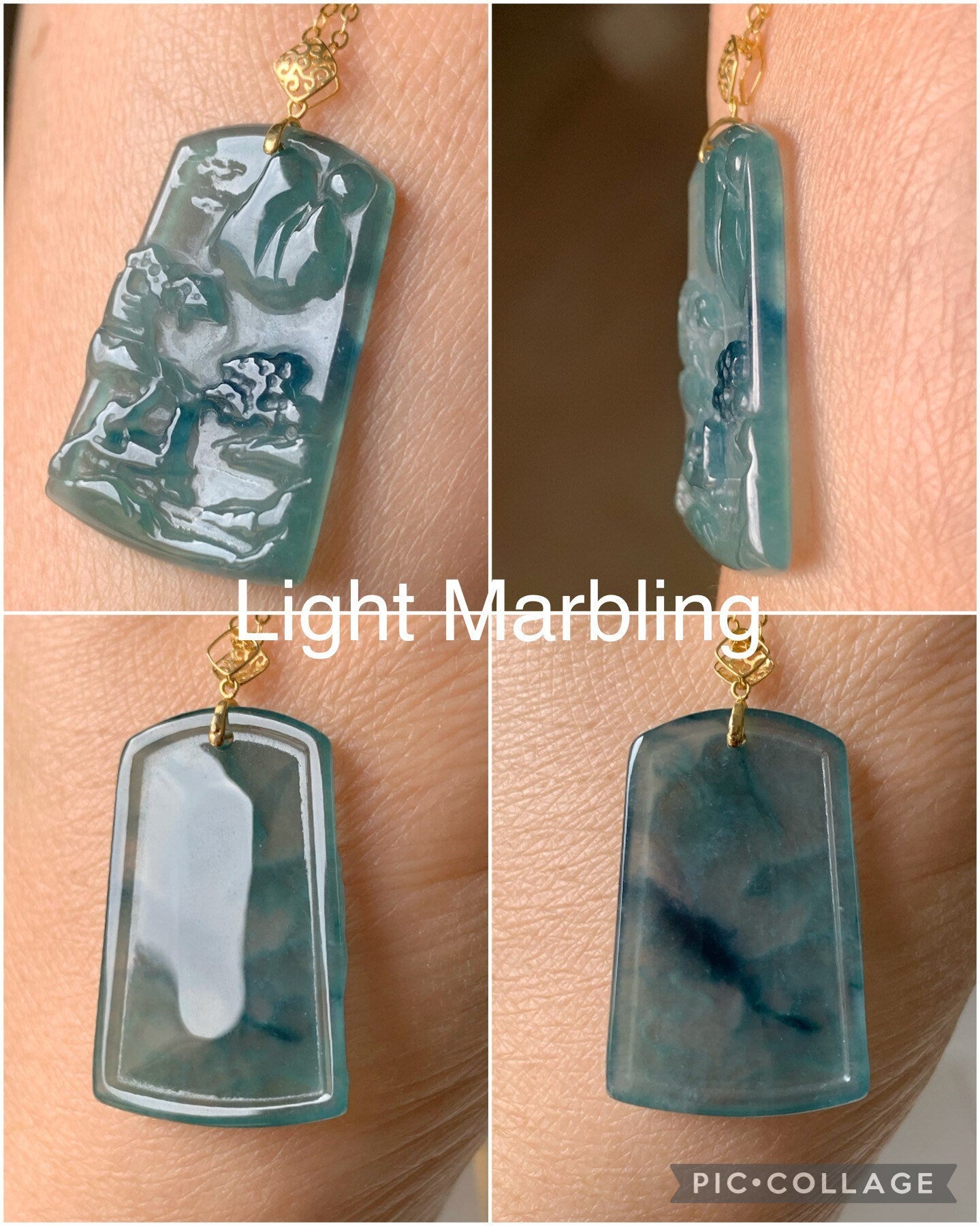 Natural Guatemalan Sky Blue Jadeite with Dark Blue Marbling Shan Shui Pai Landscape Tag Pendant 18K Yellow Gold 天然正高冰危蓝翡翠山水牌吊坠