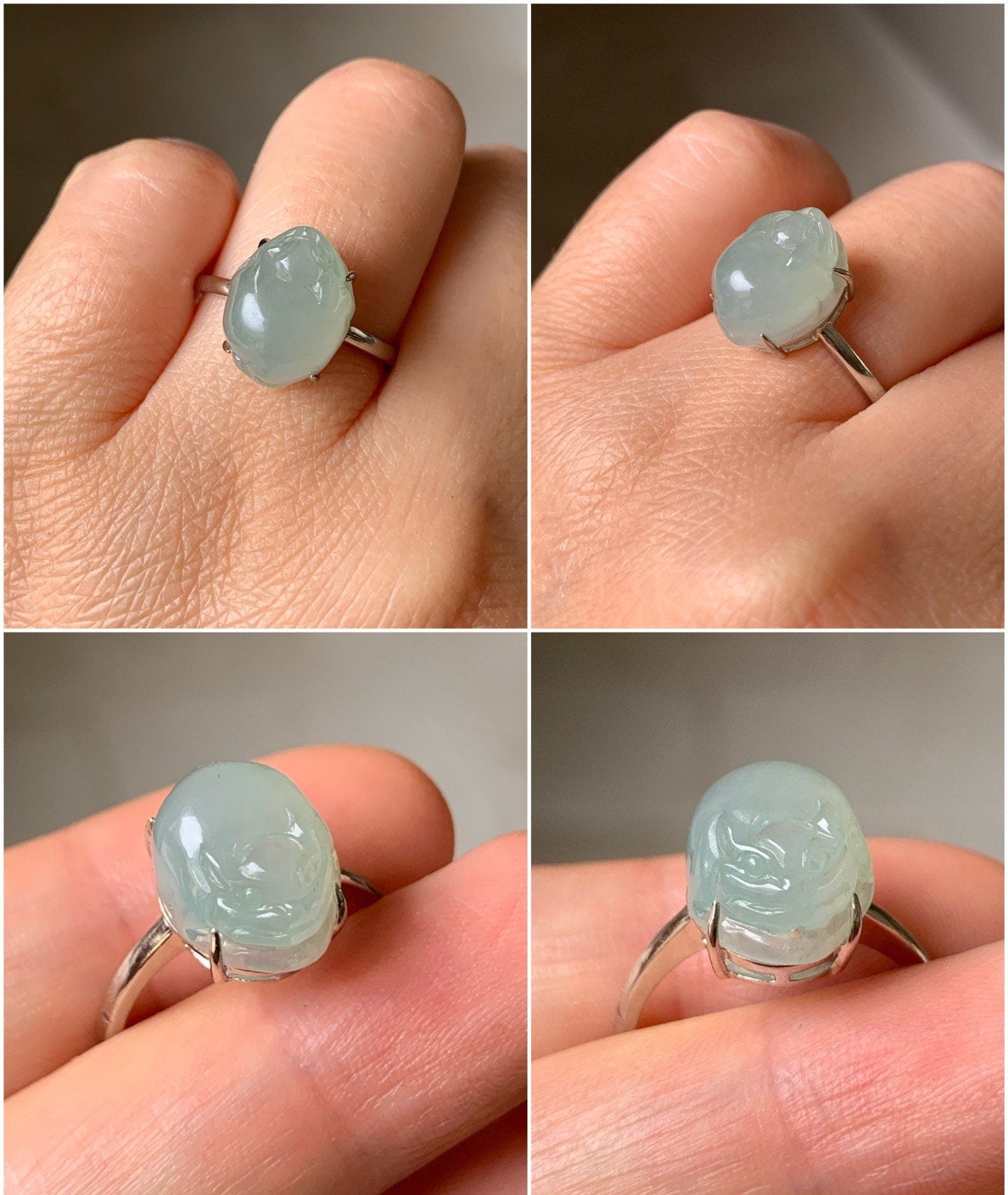 Natural Burmese Icy Translucent & Gelatinous Light Green Jadeite Three-legged Toad Ring Size Adjustable S925 Silver 天然缅甸冰胶晴绿翡翠三脚金蟾银镶戒指 MPX
