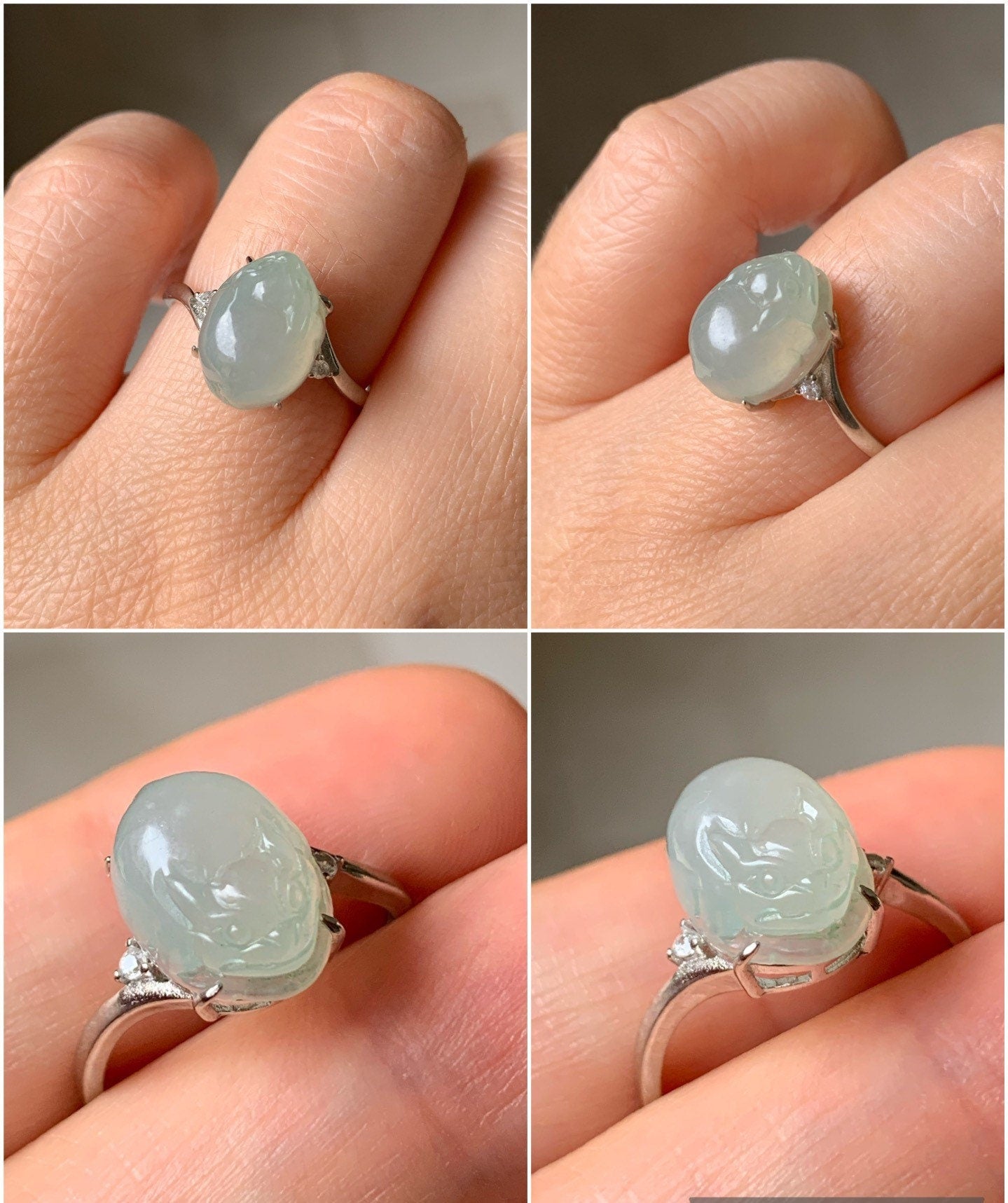 Natural Burmese Icy Translucent & Gelatinous Light Green Jadeite Three-legged Toad Ring Size Adjustable S925 Silver 天然缅甸冰胶晴绿翡翠三脚金蟾银镶戒指 MPX