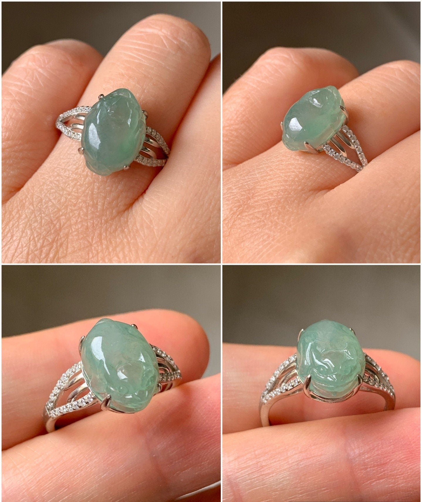 Natural Burmese Icy Translucent & Gelatinous Light Green Jadeite Three-legged Toad Ring Size Adjustable S925 Silver 天然缅甸冰胶晴绿翡翠三脚金蟾银镶戒指 MPX
