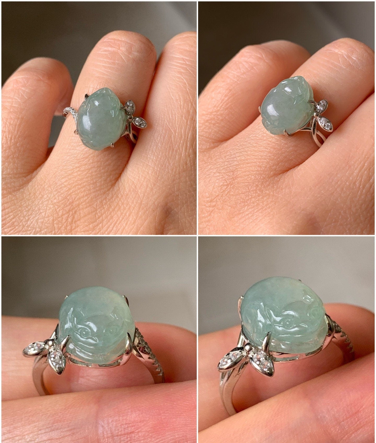 Natural Burmese Icy Translucent & Gelatinous Light Green Jadeite Three-legged Toad Ring Size Adjustable S925 Silver 天然缅甸冰胶晴绿翡翠三脚金蟾银镶戒指 MPX