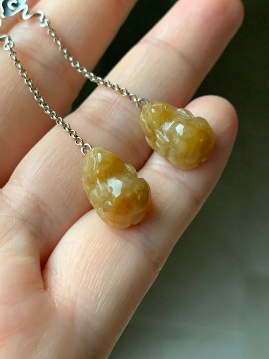 Natural Burmese Icy translucent Dark Yellow Jadeite Pixiu Dangle Earrings S925 Silver 天然缅甸冰黄翡翠貔貅银镶耳钩