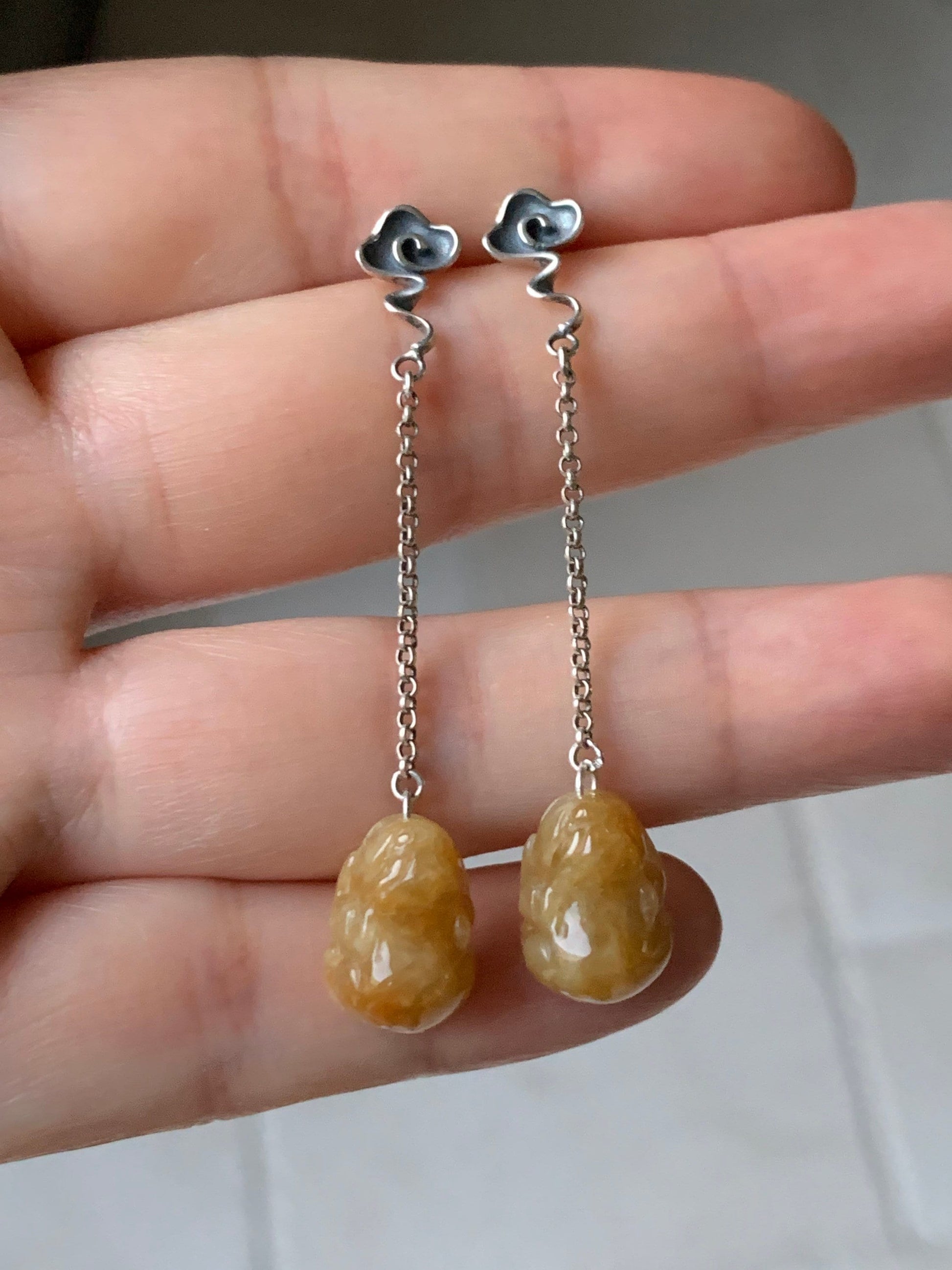 Natural Burmese Icy translucent Dark Yellow Jadeite Pixiu Dangle Earrings S925 Silver 天然缅甸冰黄翡翠貔貅银镶耳钩