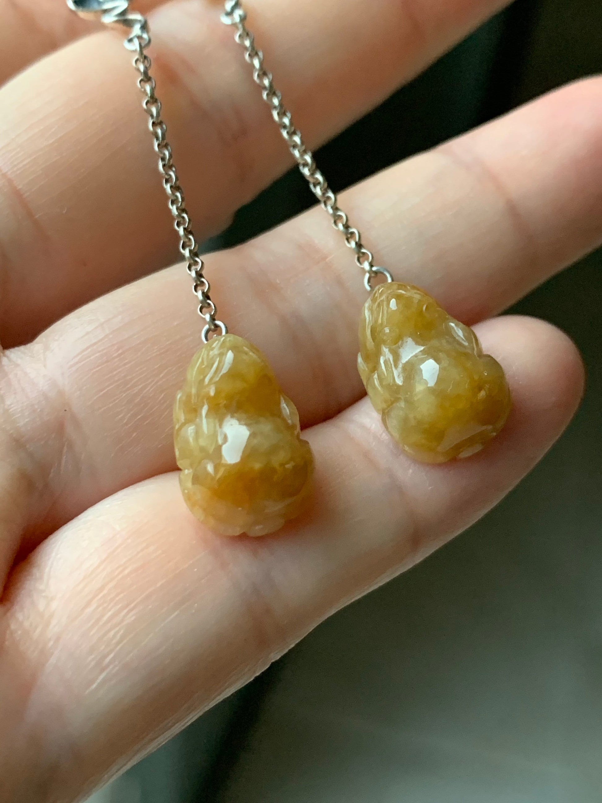 Natural Burmese Icy translucent Dark Yellow Jadeite Pixiu Dangle Earrings S925 Silver 天然缅甸冰黄翡翠貔貅银镶耳钩