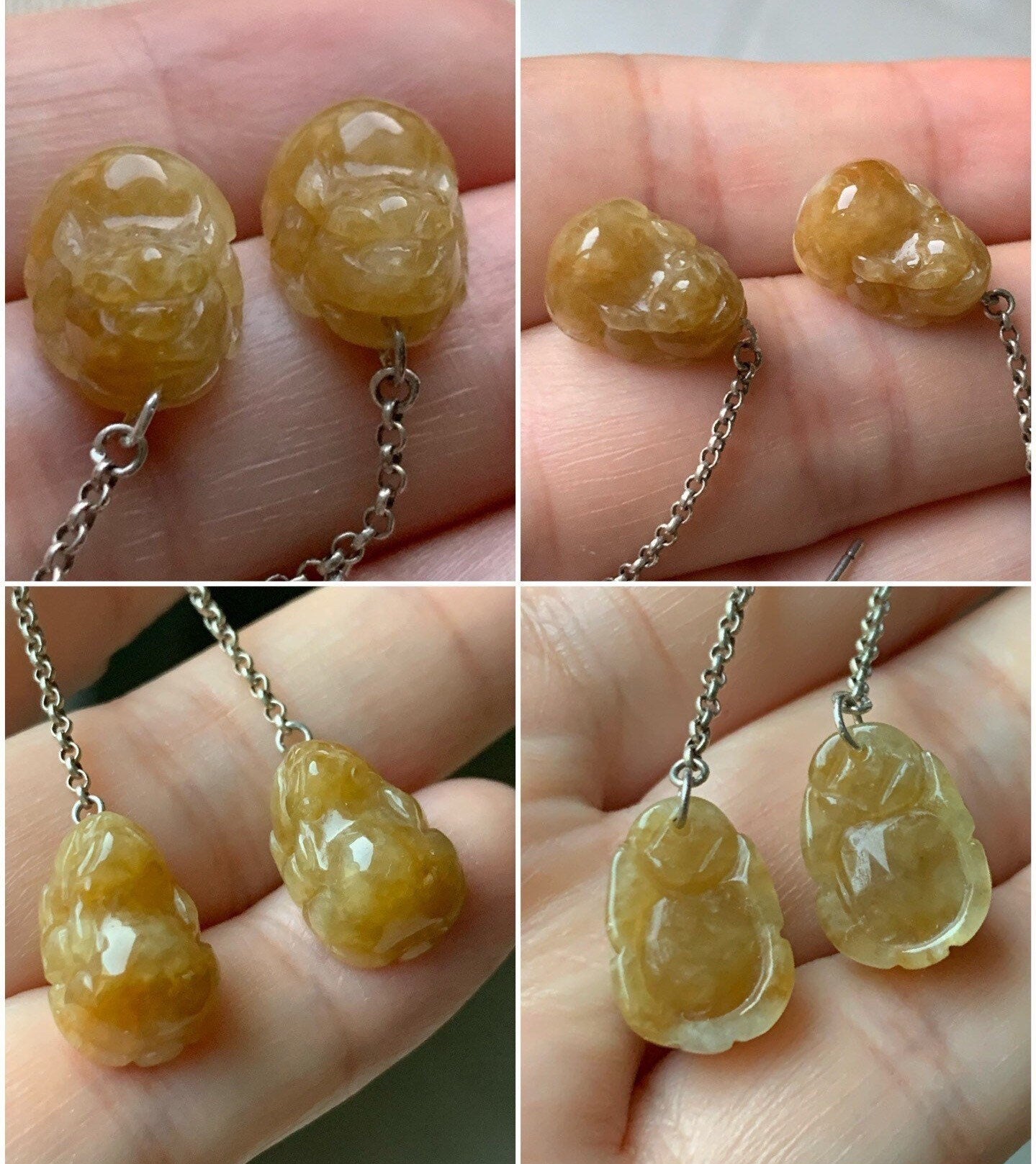 Natural Burmese Icy translucent Dark Yellow Jadeite Pixiu Dangle Earrings S925 Silver 天然缅甸冰黄翡翠貔貅银镶耳钩