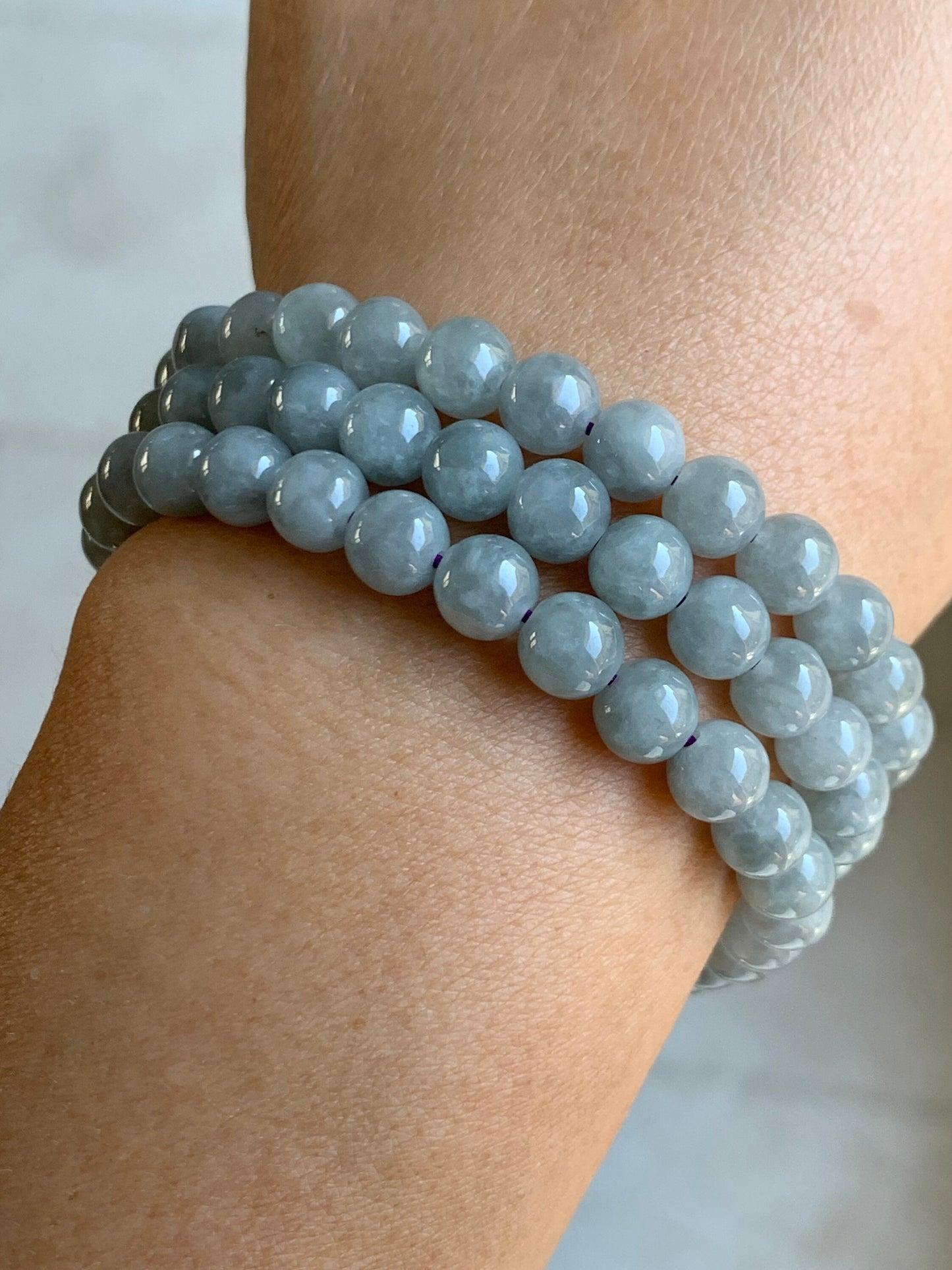 Burmese Natural Icy Translucent Gelatinous Light Wuji Jadeite Beaded Necklace 6.7mm 26” 天然缅甸起冰起胶乌鸡翡翠圆珠长串项链