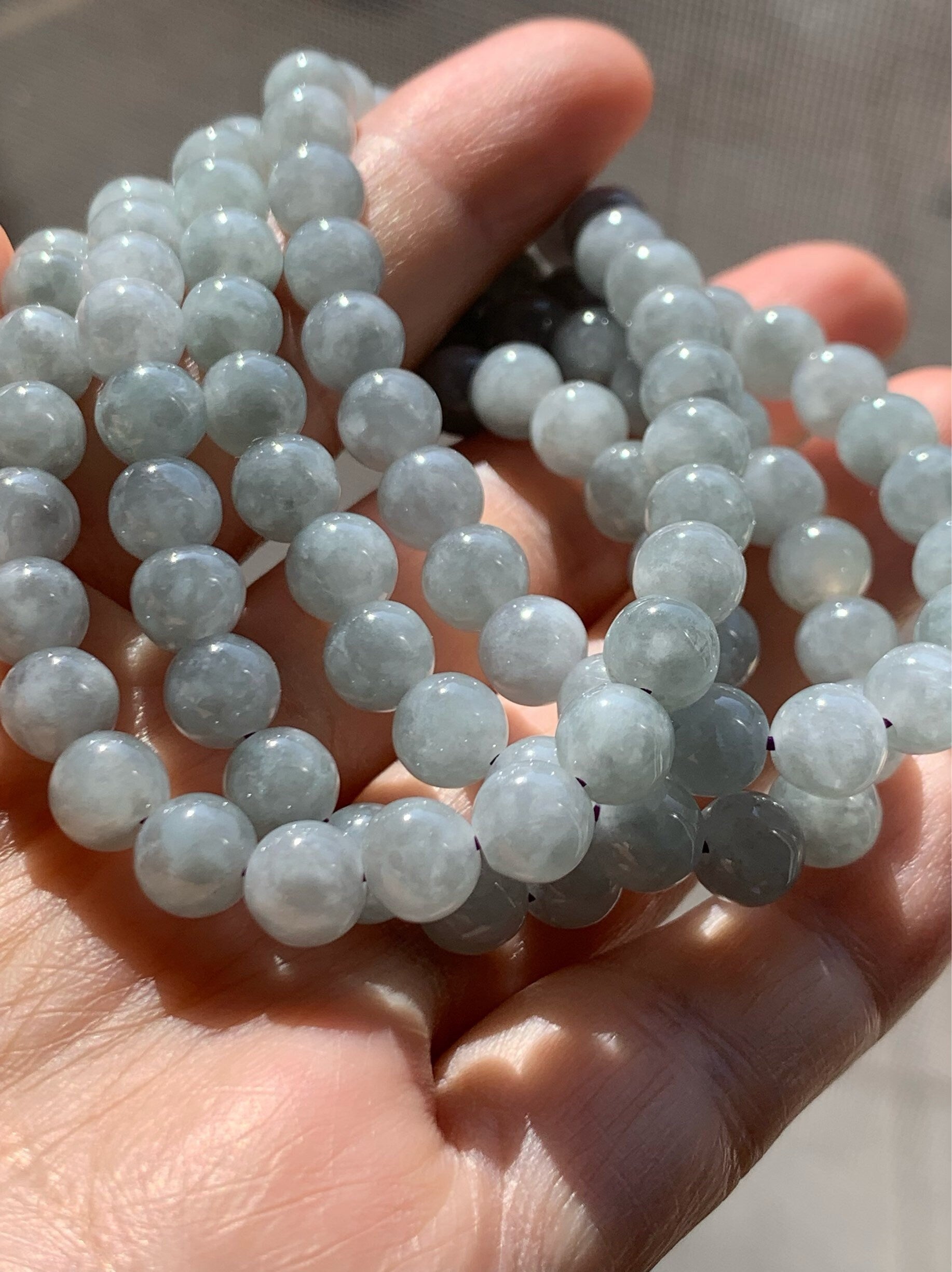 Burmese Natural Icy Translucent Gelatinous Light Wuji Jadeite Beaded Necklace 6.7mm 26” 天然缅甸起冰起胶乌鸡翡翠圆珠长串项链