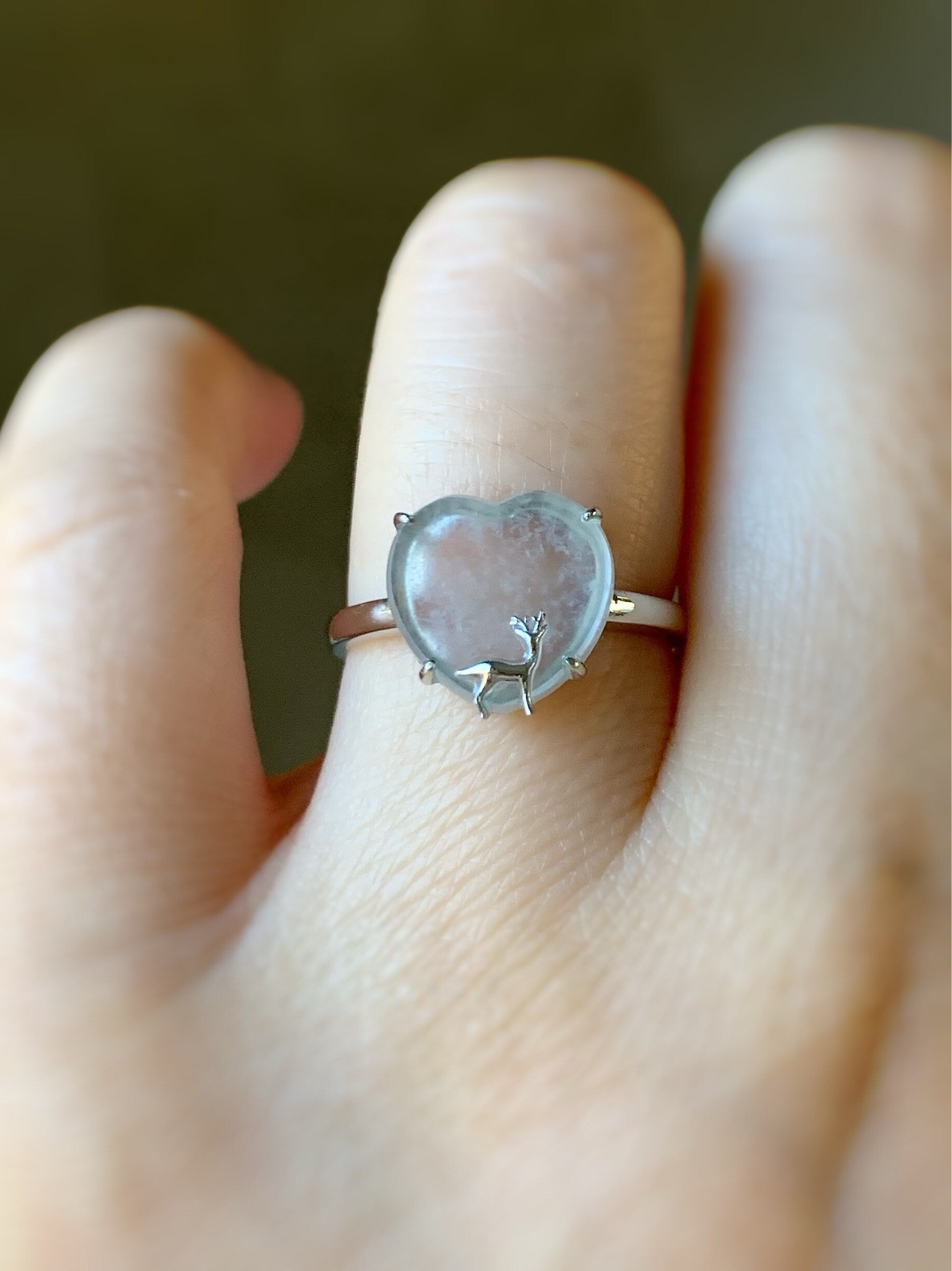 Certified Natural Burmese Premium Transparent Glassy Jadeite Heart Ring 18K White Gold Sz 7 天然缅甸玻璃种起钢翡翠爱心小鹿镶嵌戒指