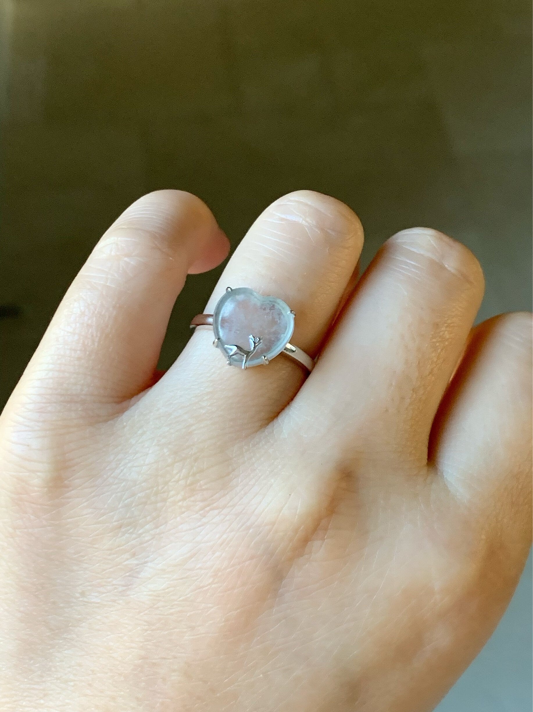 Certified Natural Burmese Premium Transparent Glassy Jadeite Heart Ring 18K White Gold Sz 7 天然缅甸玻璃种起钢翡翠爱心小鹿镶嵌戒指