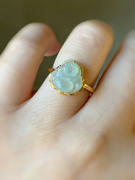 Certified Natural Burmese Premium Transparent Light Green Jadeite Buddha Ring 18K Yellow Gold & Diamonds Size 7 天然缅甸高冰起光晴底翡翠佛公18K钻石镶嵌戒指