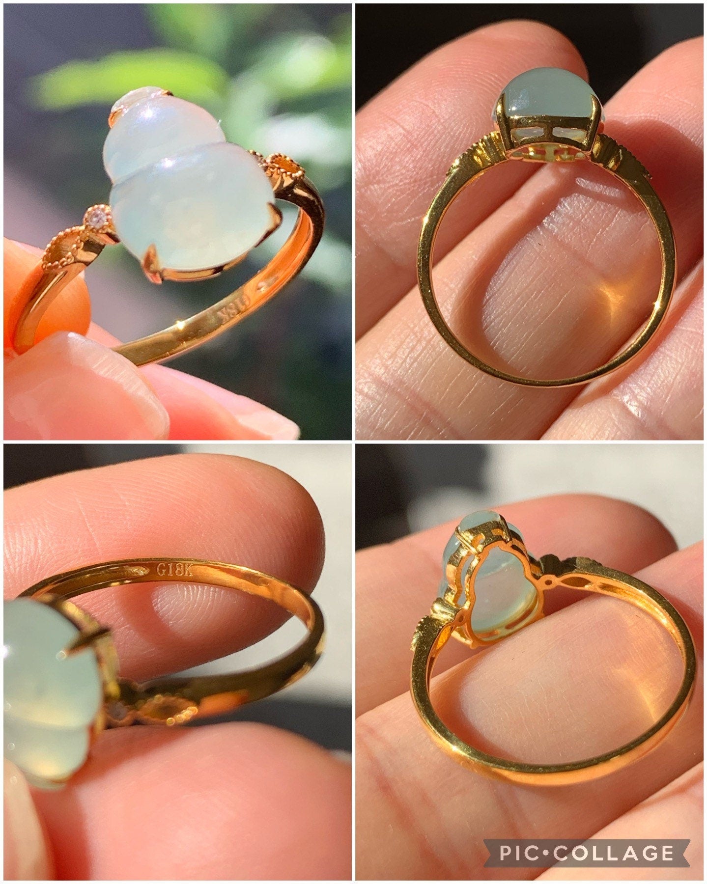 Certified Natural Burmese Premium Light Green Jadeite Hulu Gourd Ring 18K Yellow Gold & Diamonds size 7 天然缅甸正冰晴底翡翠葫芦镶嵌钻石戒指