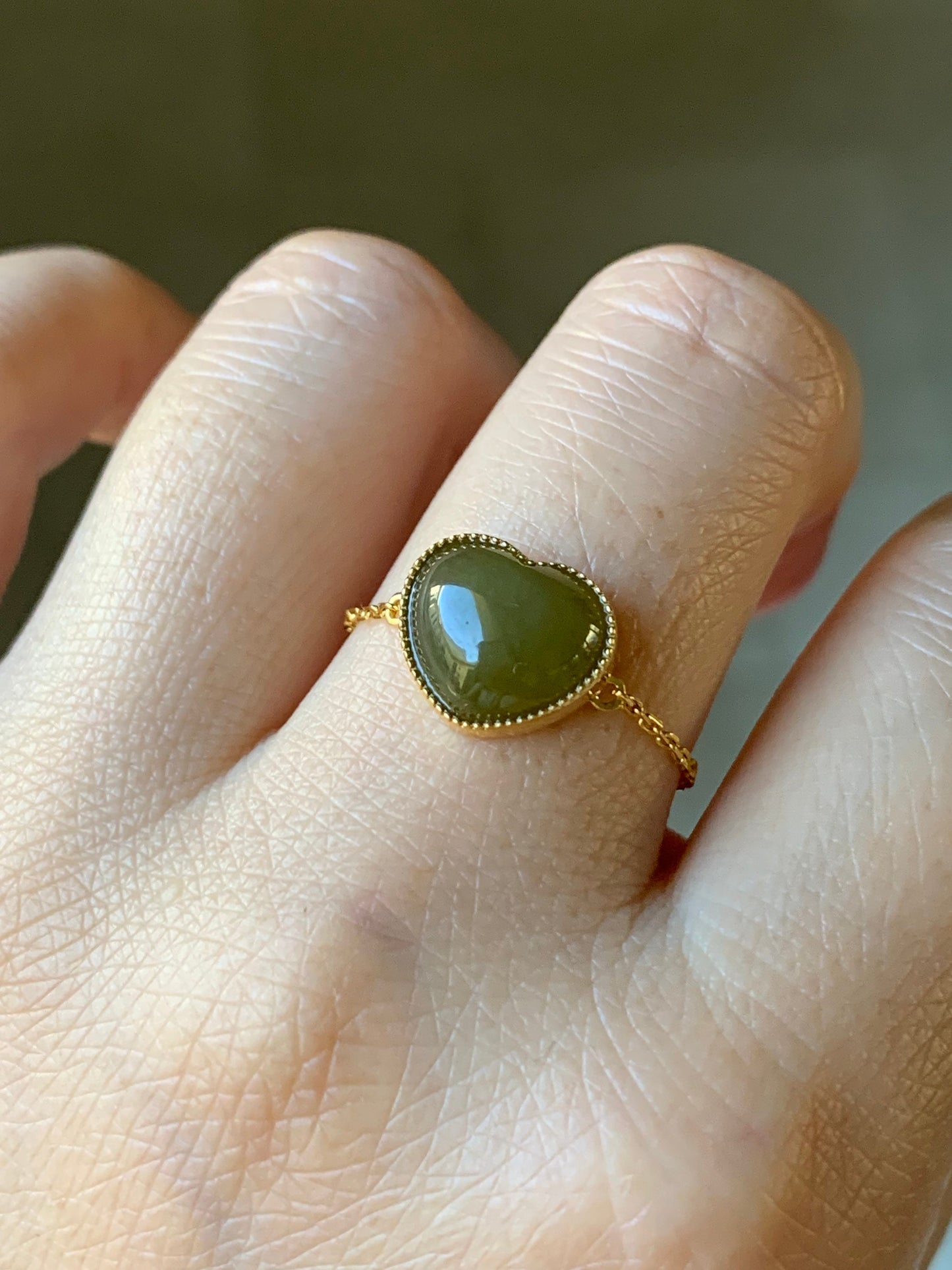 Certified Natural Burmese Premium Translucent Dark Yellow Jadeite Heart Adjustable Chain Ring 18K Yellow Gold 天然缅甸老种冰浓黄翡爱心镶嵌戒指