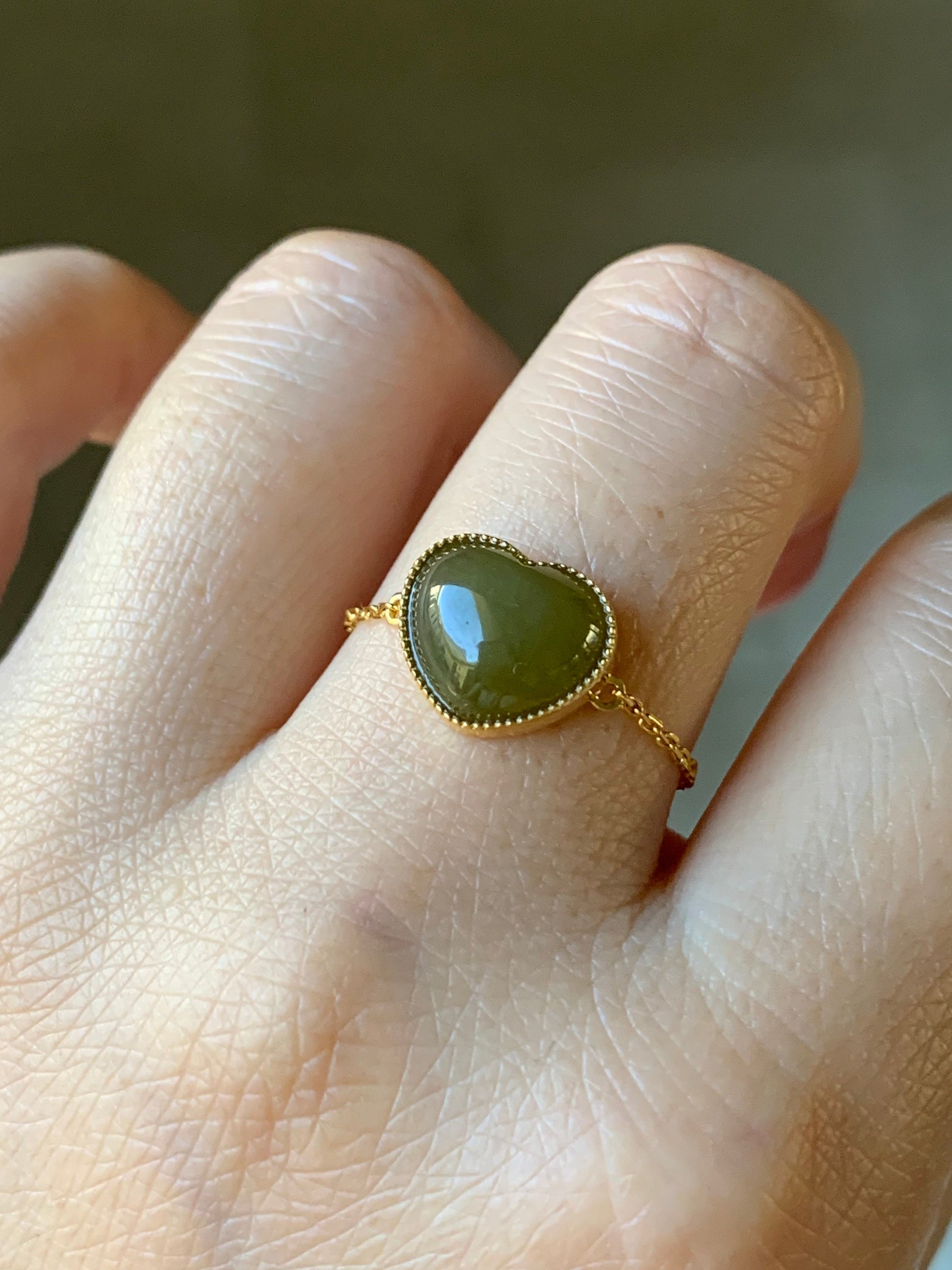 Certified Natural Burmese Premium Translucent Dark Yellow Jadeite Heart Adjustable Chain Ring 18K Yellow Gold 天然缅甸老种冰浓黄翡爱心镶嵌戒指