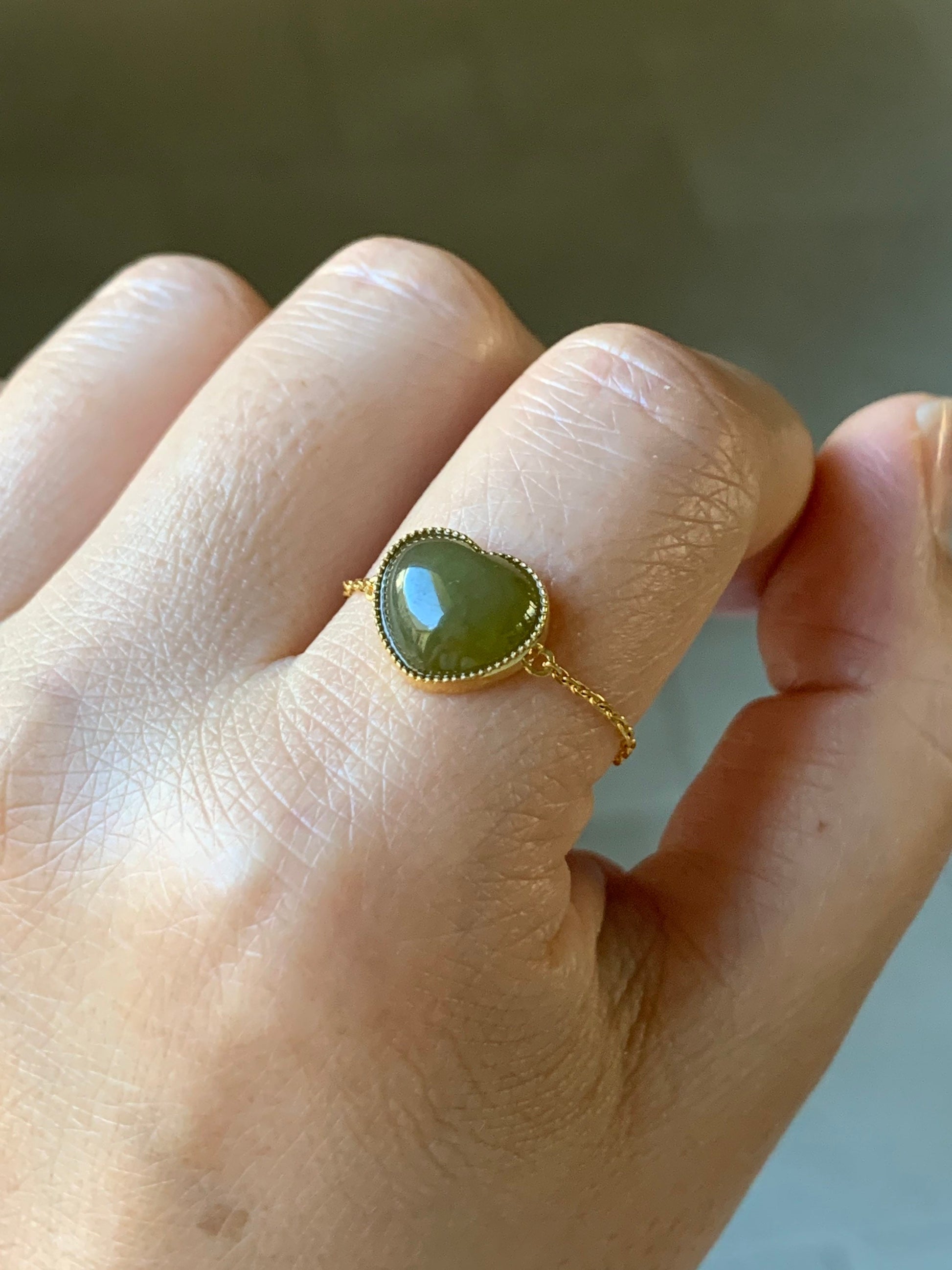 Certified Natural Burmese Premium Translucent Dark Yellow Jadeite Heart Adjustable Chain Ring 18K Yellow Gold 天然缅甸老种冰浓黄翡爱心镶嵌戒指