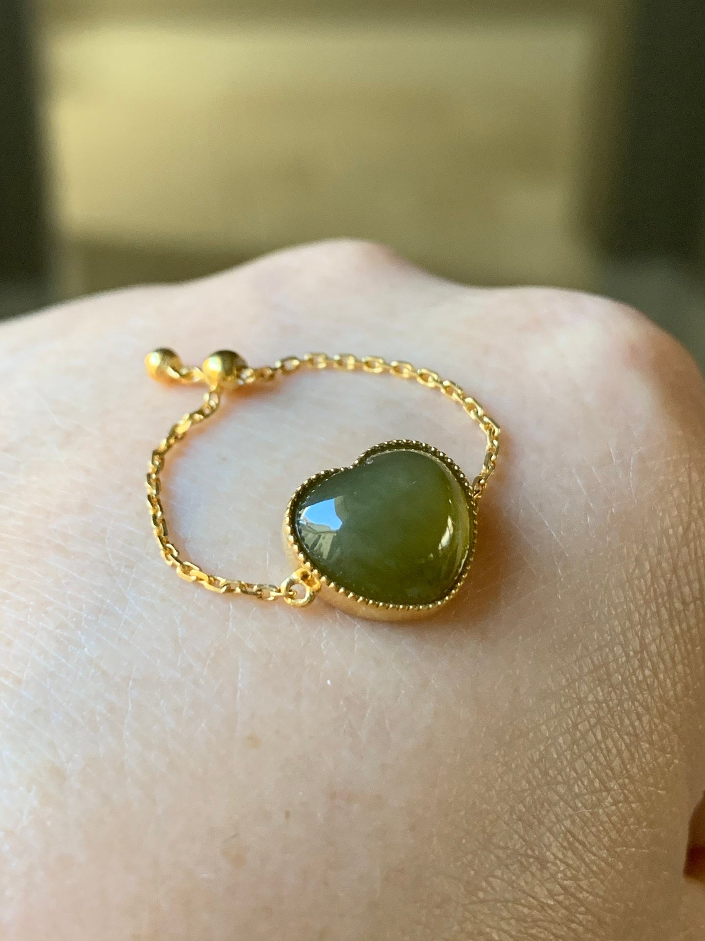Certified Natural Burmese Premium Translucent Dark Yellow Jadeite Heart Adjustable Chain Ring 18K Yellow Gold 天然缅甸老种冰浓黄翡爱心镶嵌戒指