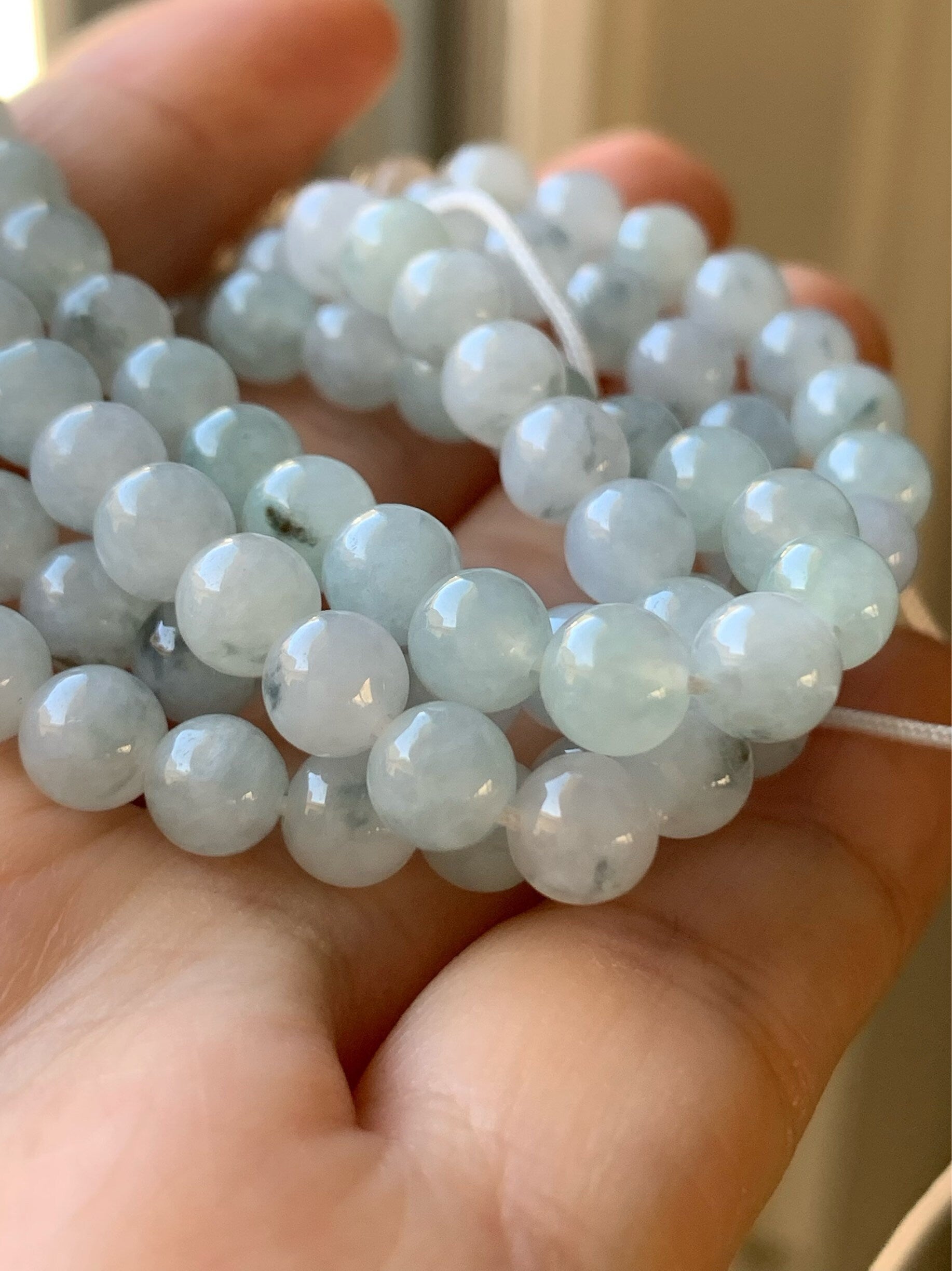 Natural Burmese Icy Translucent & Gelatinous Light Green w/ Green Marbling Jadeite Beaded Necklace 6 mm 26” 天然缅甸翡翠冰胶飘花长串项链 SGM93