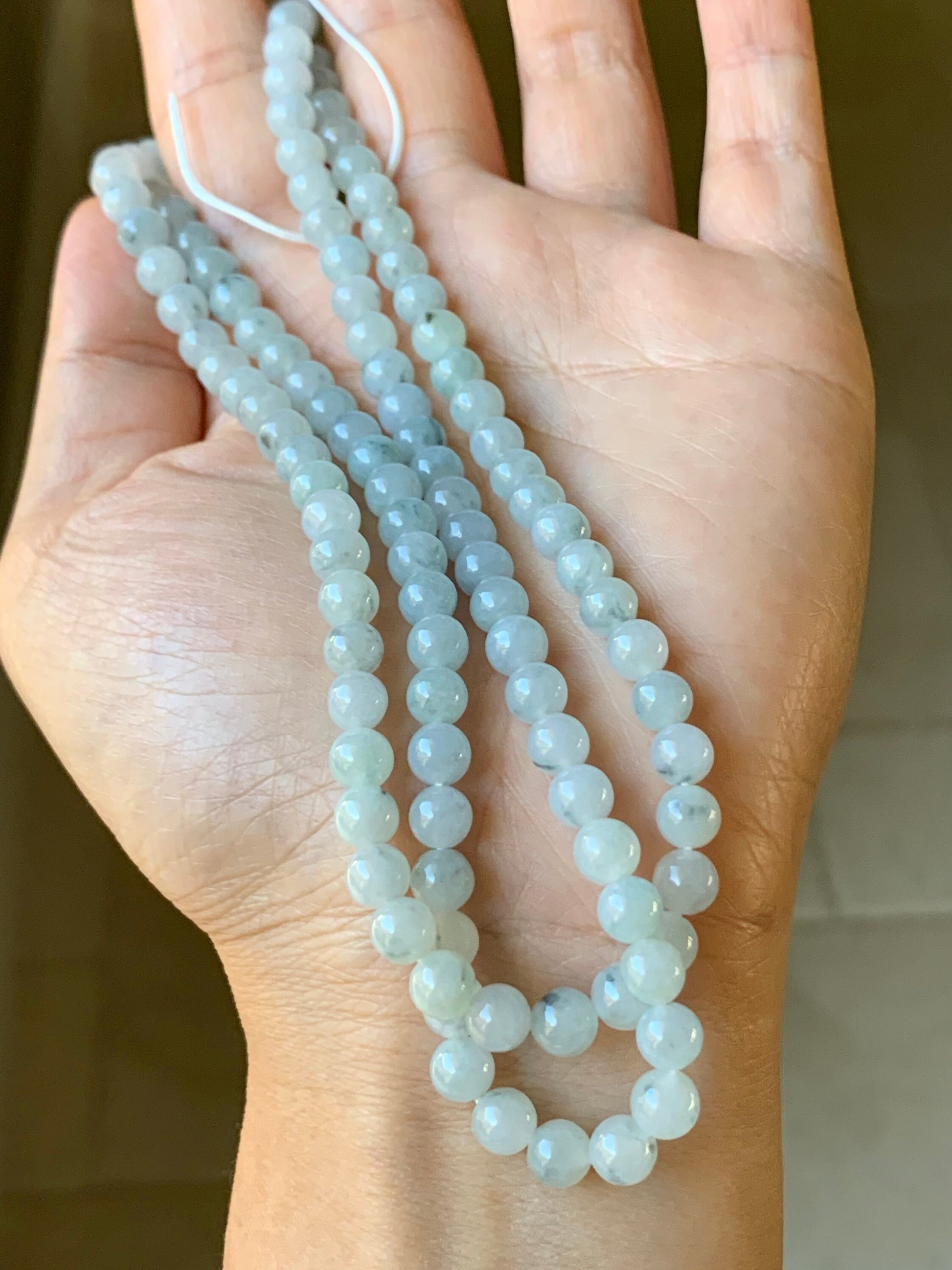 Natural Burmese Icy Translucent & Gelatinous Light Green w/ Green Marbling Jadeite Beaded Necklace 6 mm 26” 天然缅甸翡翠冰胶飘花长串项链 SGM93