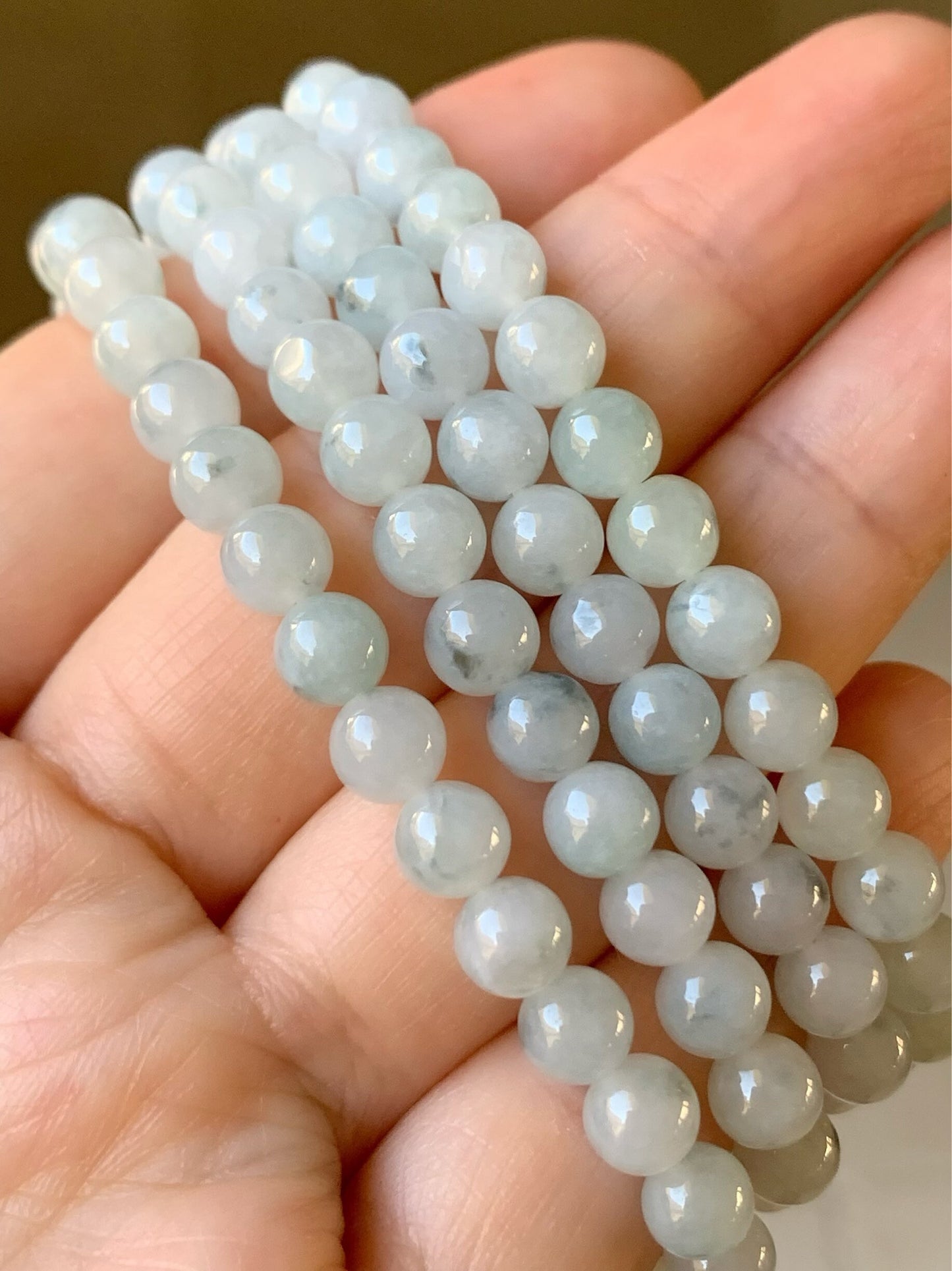 Natural Burmese Icy Translucent & Gelatinous Light Green w/ Green Marbling Jadeite Beaded Necklace 6 mm 26” 天然缅甸翡翠冰胶飘花长串项链 SGM93