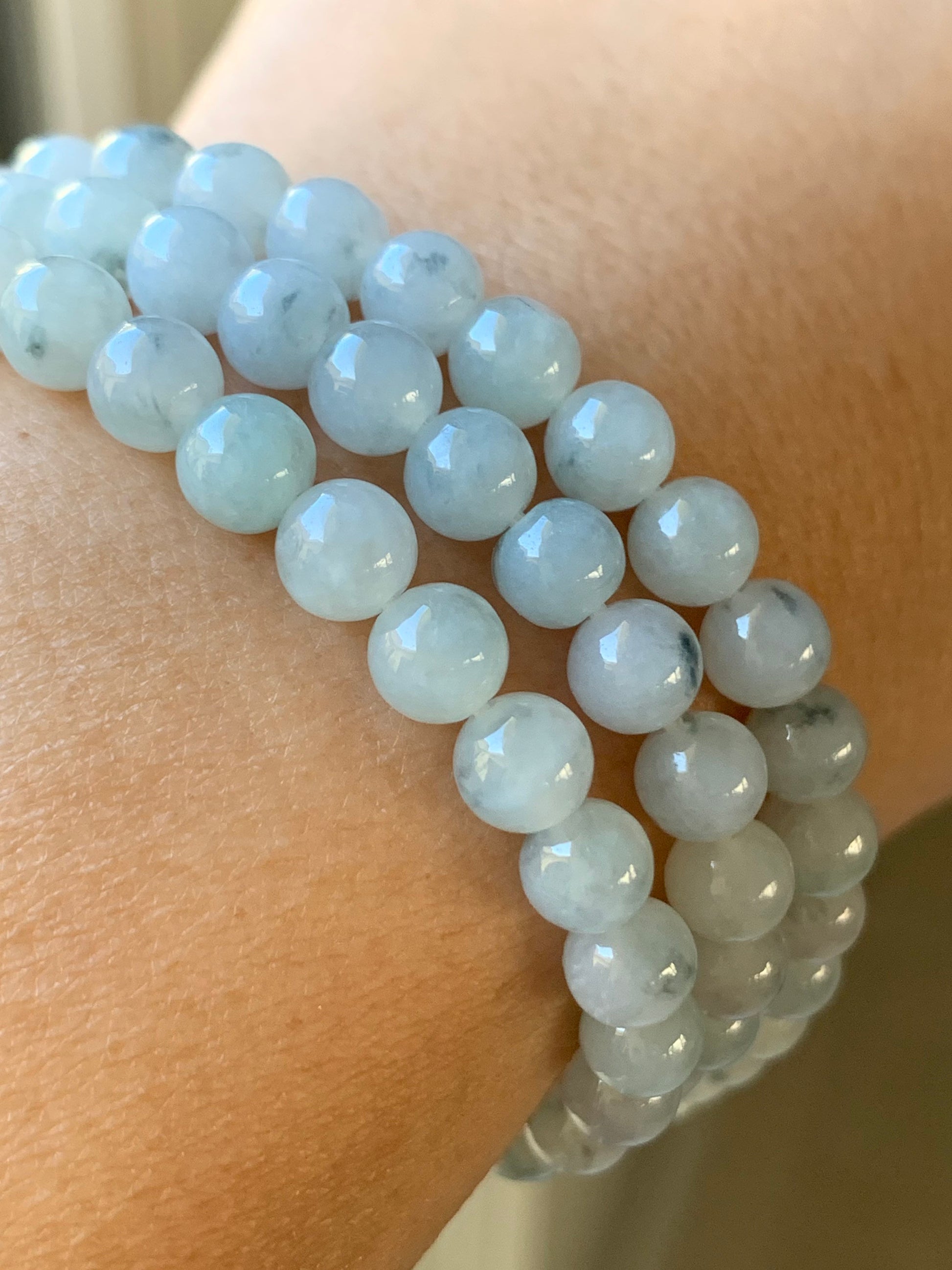 Natural Burmese Icy Translucent & Gelatinous Light Green w/ Green Marbling Jadeite Beaded Necklace 6 mm 26” 天然缅甸翡翠冰胶飘花长串项链 SGM93