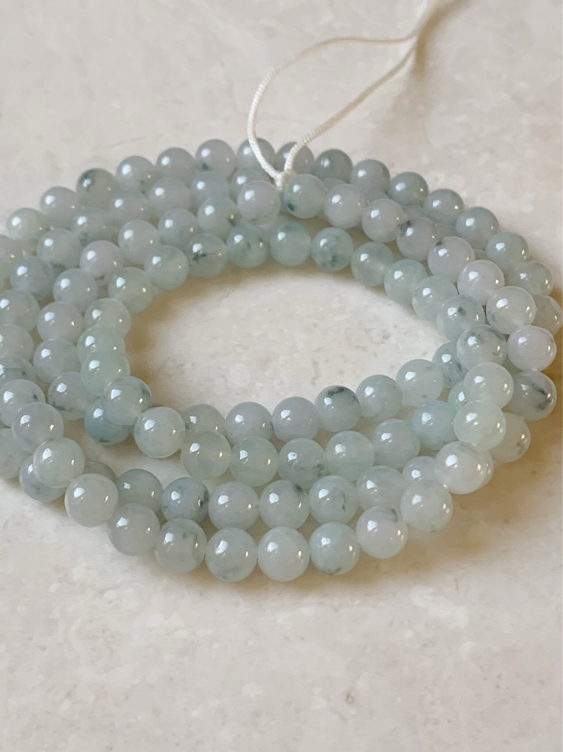 Natural Burmese Icy Translucent & Gelatinous Light Green w/ Green Marbling Jadeite Beaded Necklace 6 mm 26” 天然缅甸翡翠冰胶飘花长串项链 SGM93