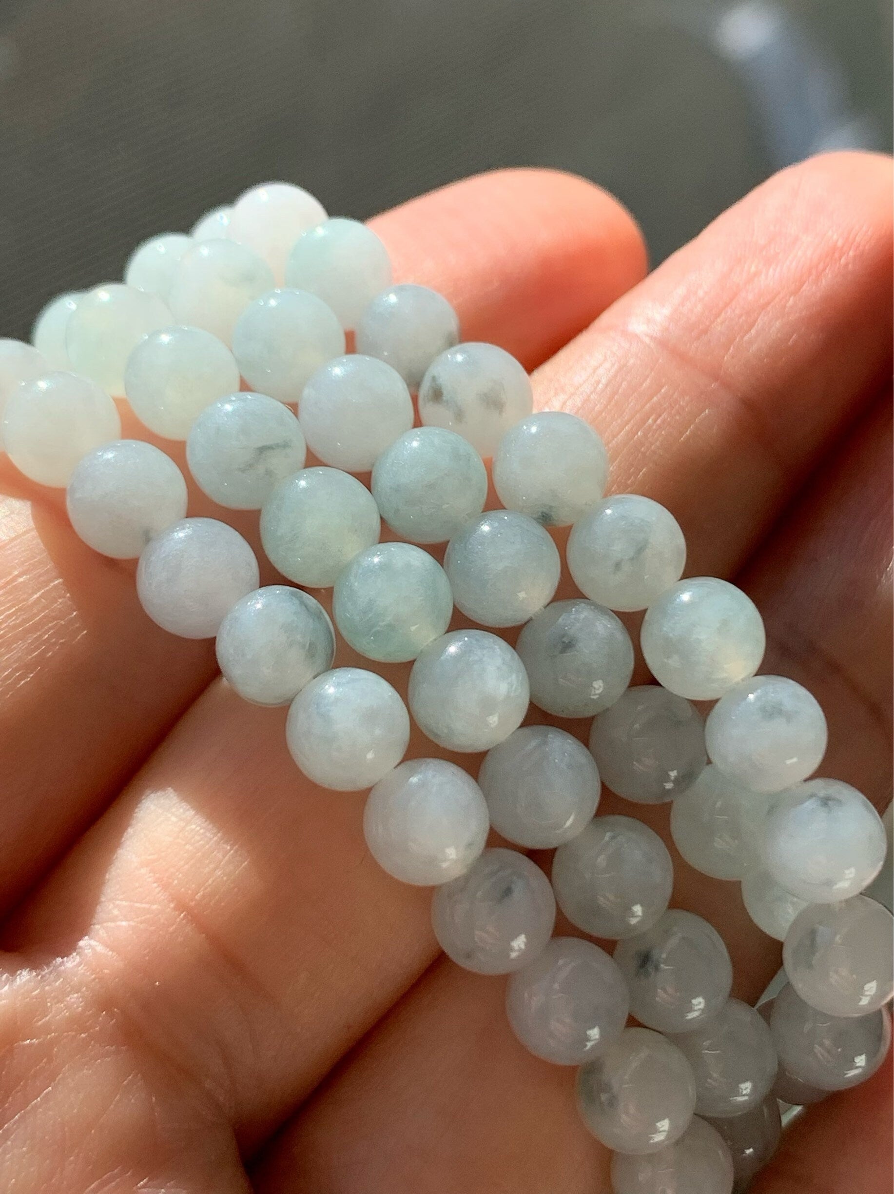 Natural Burmese Icy Translucent & Gelatinous Light Green w/ Green Marbling Jadeite Beaded Necklace 6 mm 26” 天然缅甸翡翠冰胶飘花长串项链 SGM93