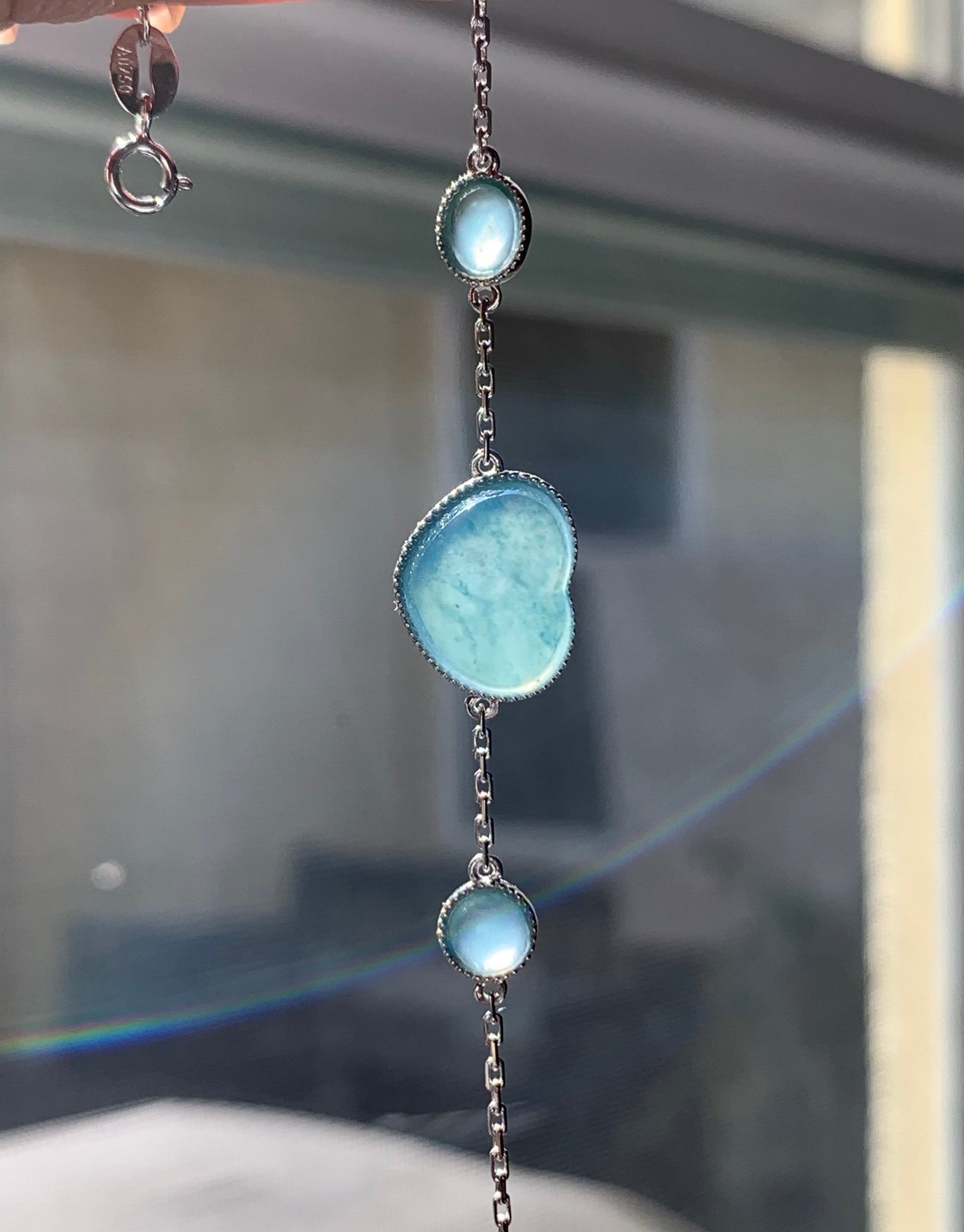 Certified Natural Burmese Icy Translucent Teal Blue Jadeite Heart Bracelet 18K White Gold 5.75"-6.25” 天然缅甸湖水蓝翡翠爱心切割面白金手链