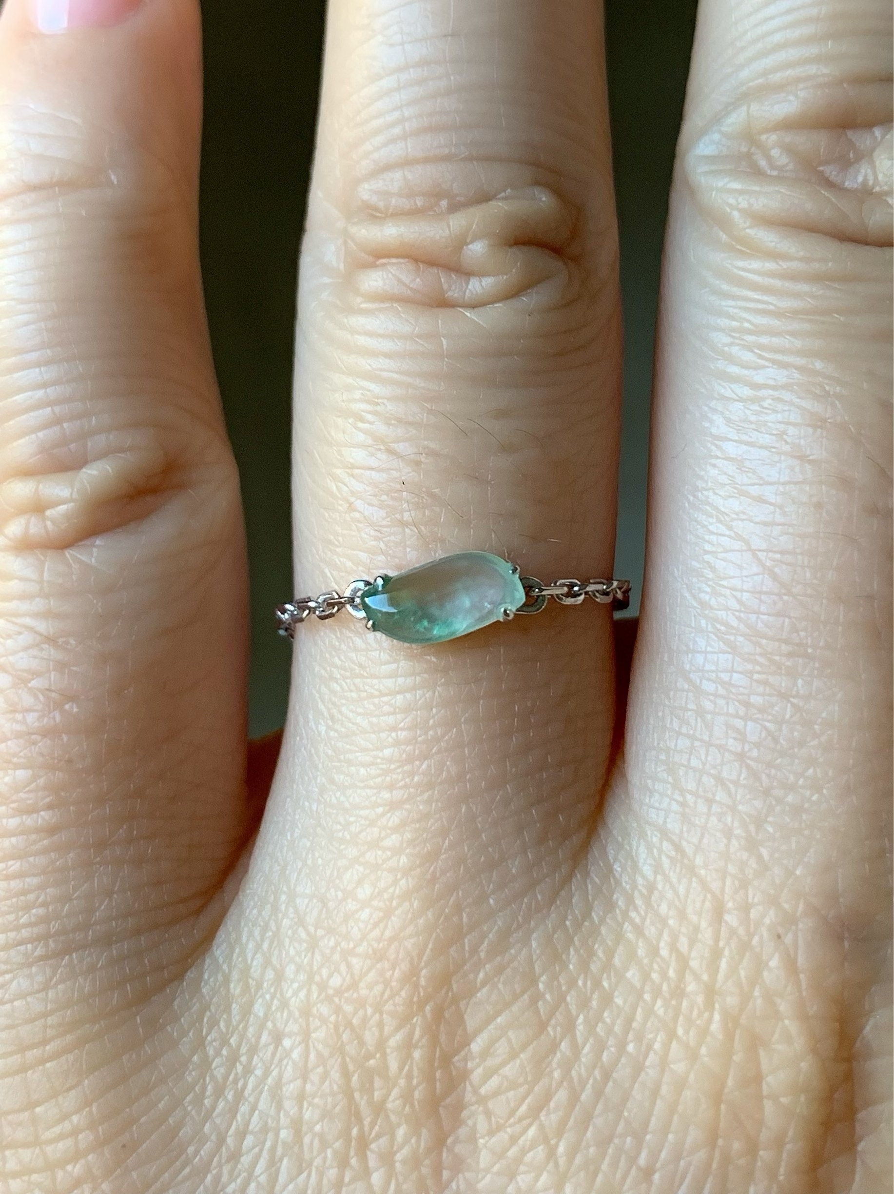 Certified Natural Burmese Highly Translucent Green Marbling Jadeite "Horse Eye" Chain Ring 18K White Gold Adjustable 天然缅甸正高冰翡翠飘绿花马眼镶嵌戒指