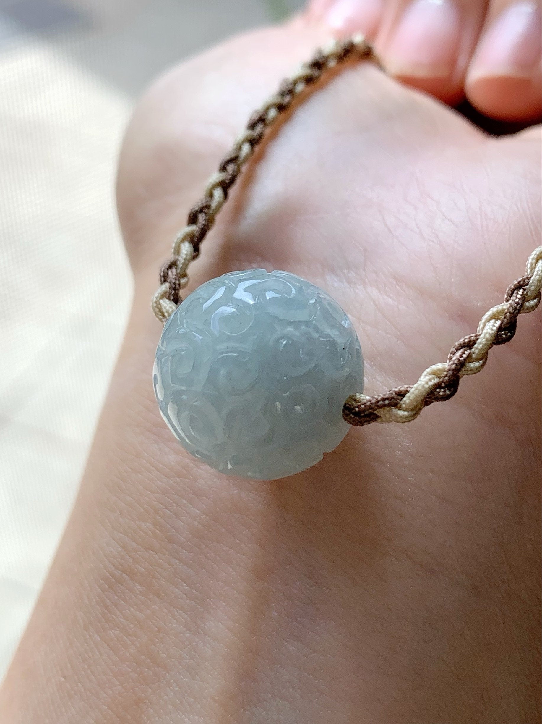 Huge Natural Burmese Icy Translucent Sky Blue Jadeite Retro Engraved Single Sphere Bead Rope Necklace Adjustable 17"-18.25" 天然缅甸天空蓝翡翠仿古雕单珠项链
