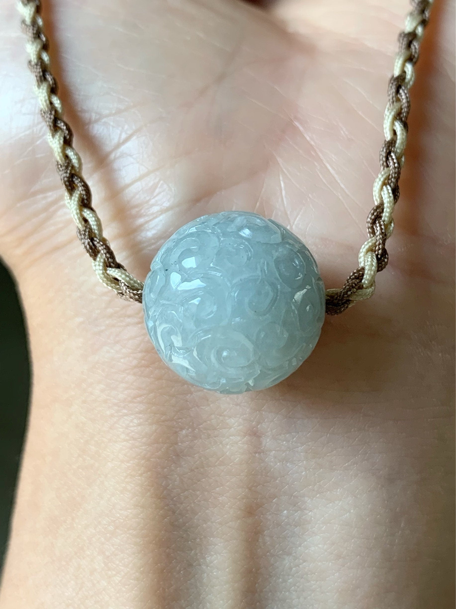 Huge Natural Burmese Icy Translucent Sky Blue Jadeite Retro Engraved Single Sphere Bead Rope Necklace Adjustable 17"-18.25" 天然缅甸天空蓝翡翠仿古雕单珠项链