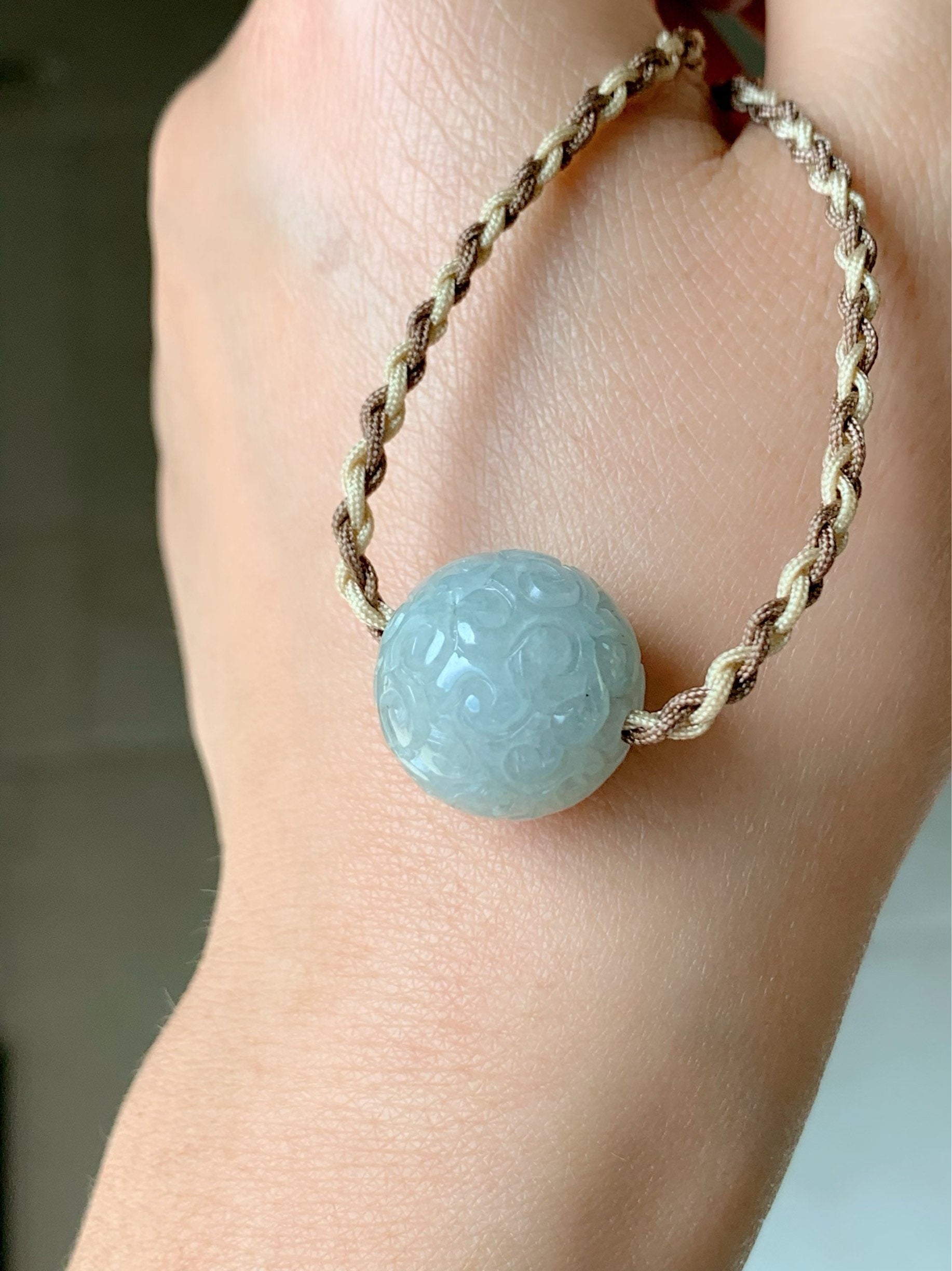Huge Natural Burmese Icy Translucent Sky Blue Jadeite Retro Engraved Single Sphere Bead Rope Necklace Adjustable 17"-18.25" 天然缅甸天空蓝翡翠仿古雕单珠项链